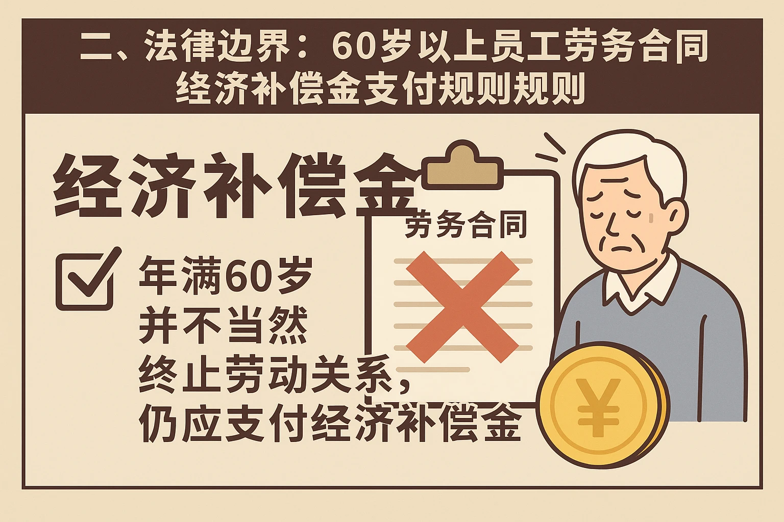 二、法律边界:60岁以上员工劳务合同终止的经济补偿金支付规则