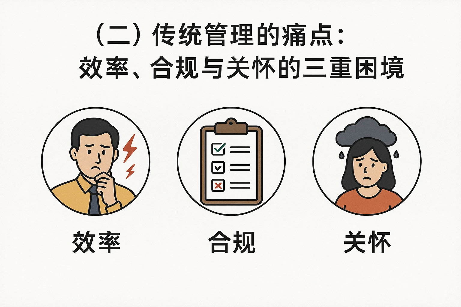 （二）传统管理的痛点：效率、合规与关怀的三重困境
