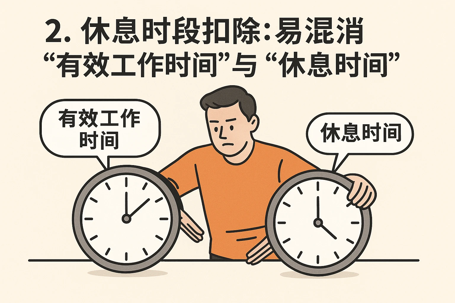2. 休息时段扣除：易混淆“有效工作时间”与“休息时间”