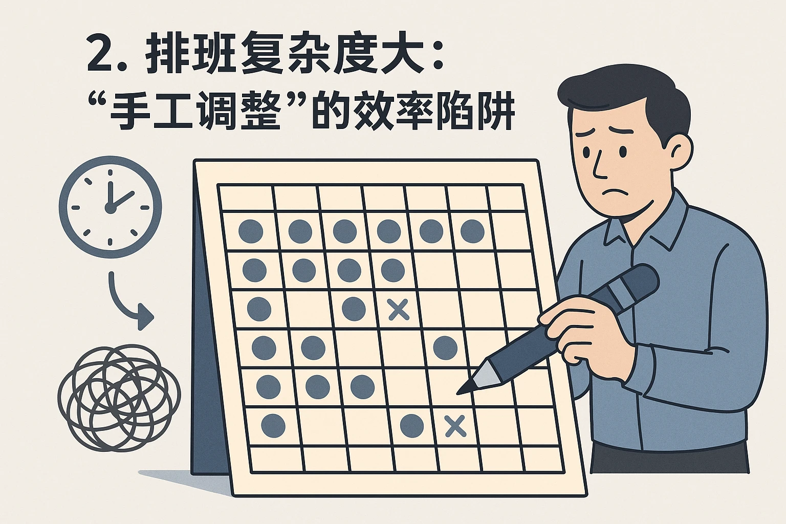 2. 排班复杂度大：“手工调整”的效率陷阱