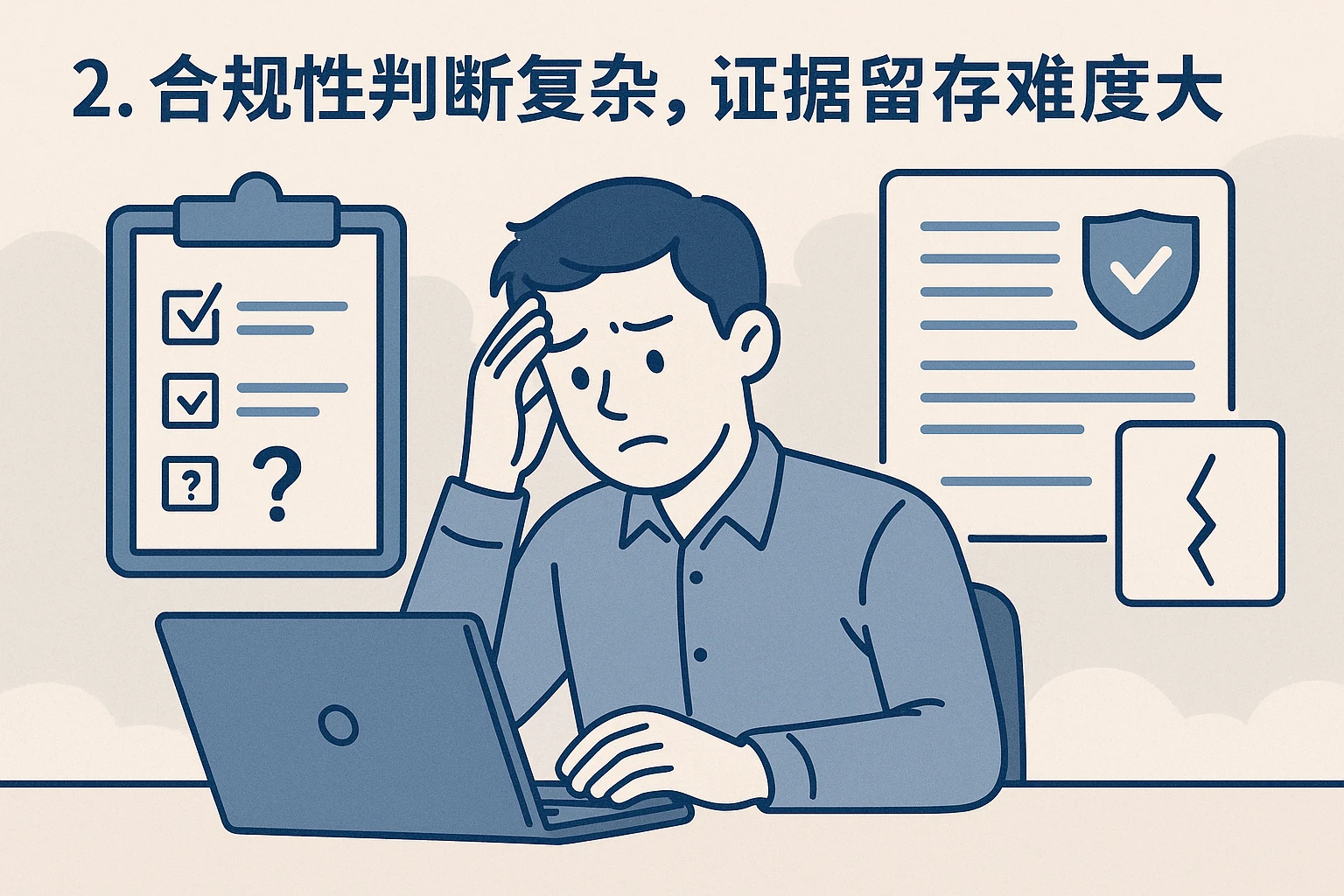 2. 合规性判断复杂,证据留存难度大