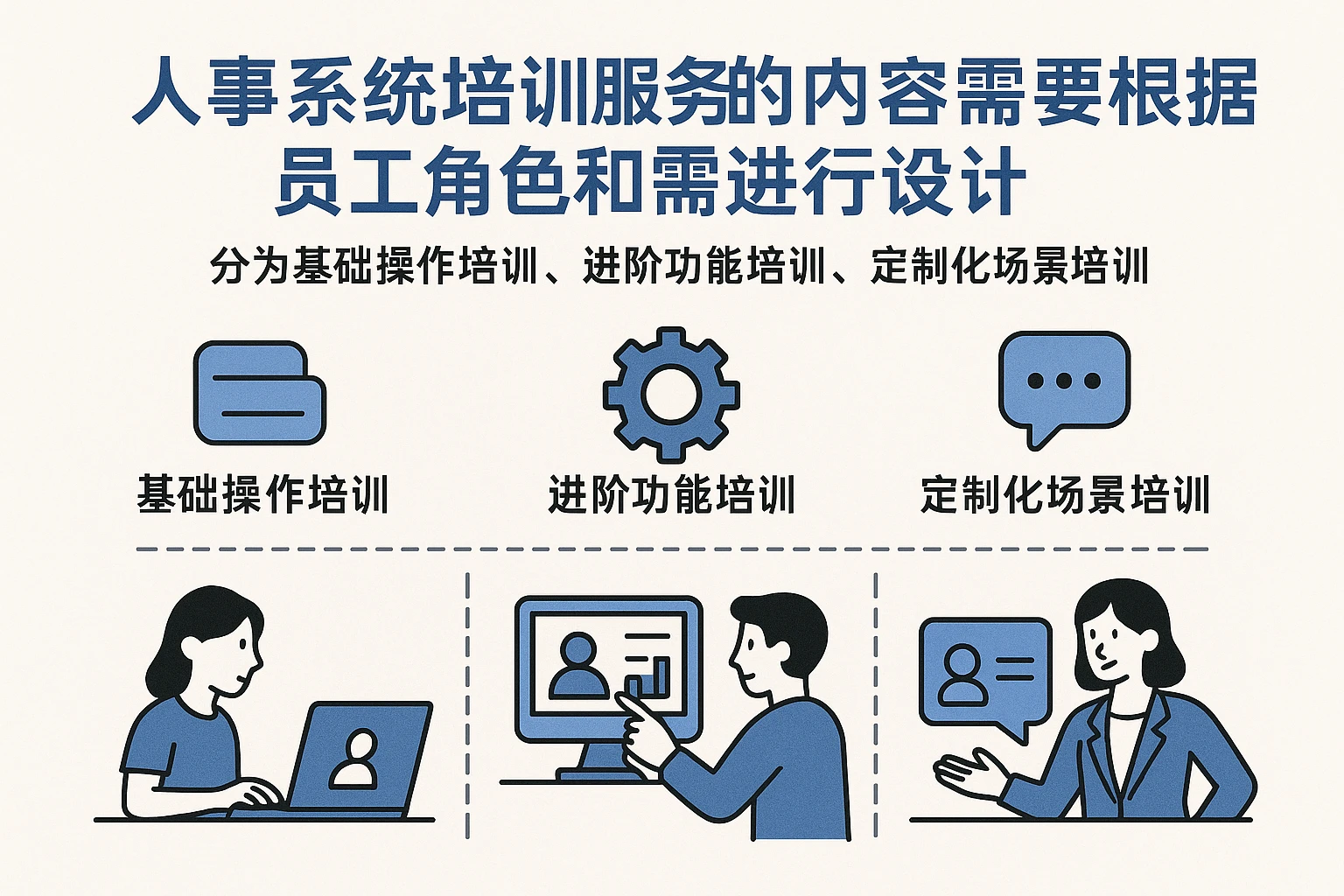 人事系统培训服务的内容需要根据员工角色和需求进行设计，分为基础操作培训、进阶功能培训、定制化场景培训三个层次：