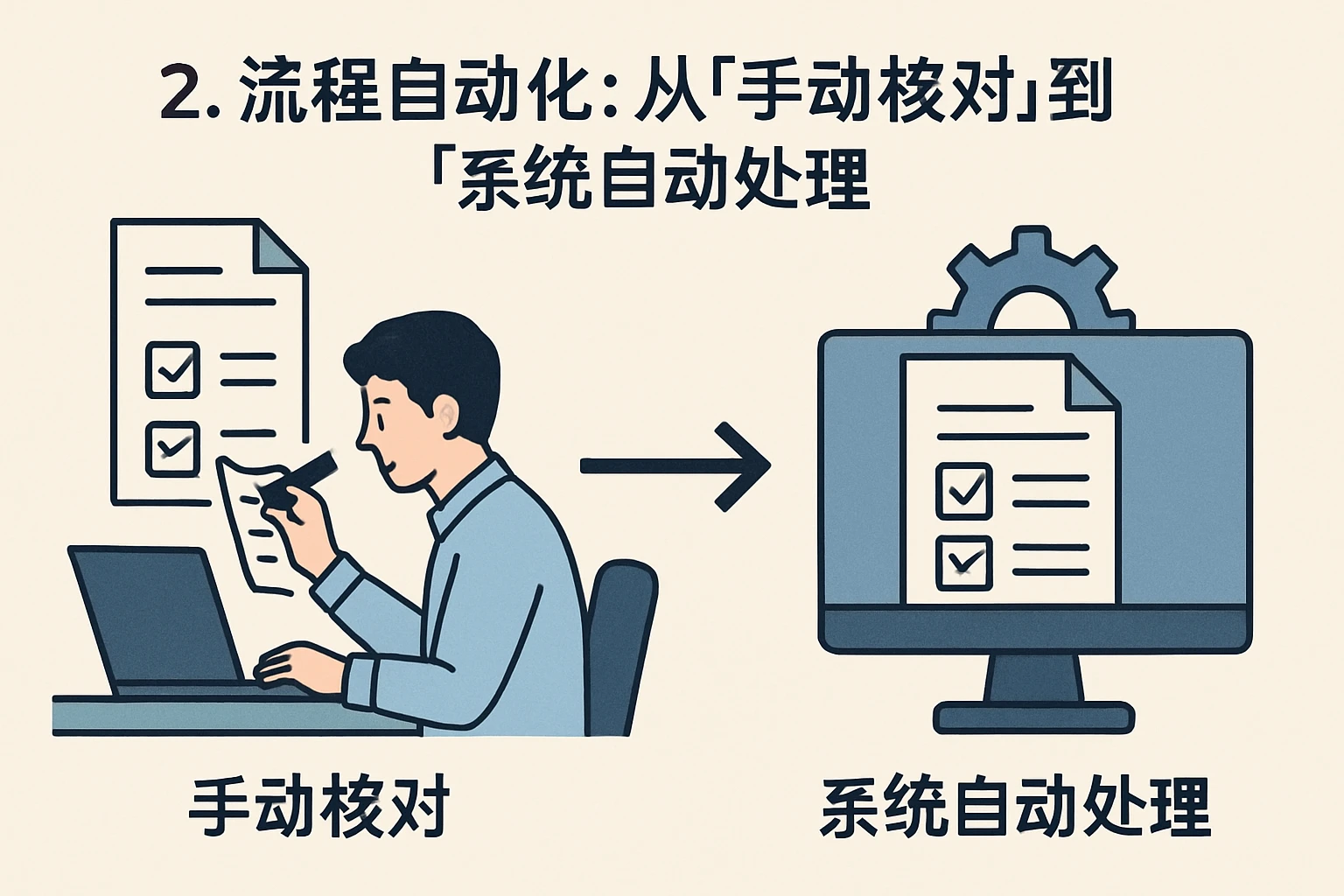 2. 流程自动化：从“手动核对”到“系统自动处理”