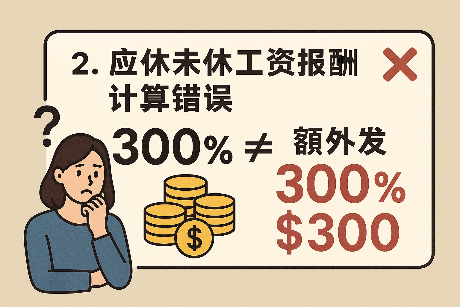 2. 应休未休工资报酬计算错误：300%≠额外发300%