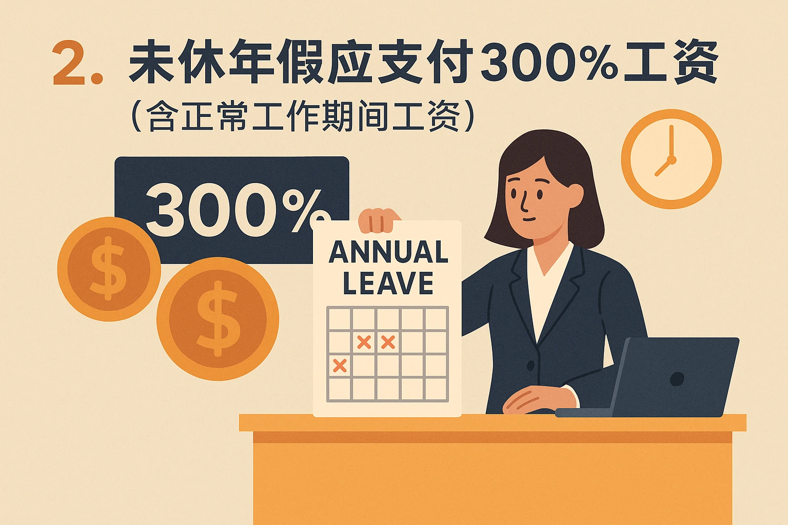2. 未休年假应支付300%工资（含正常工作期间工资）