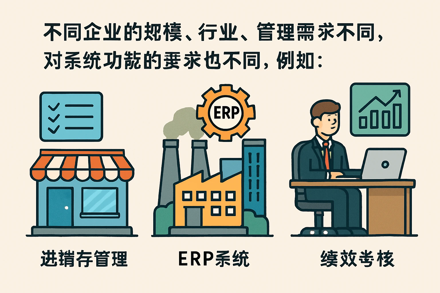 不同企业的规模、行业、管理需求不同，对系统功能的要求也不同。例如：