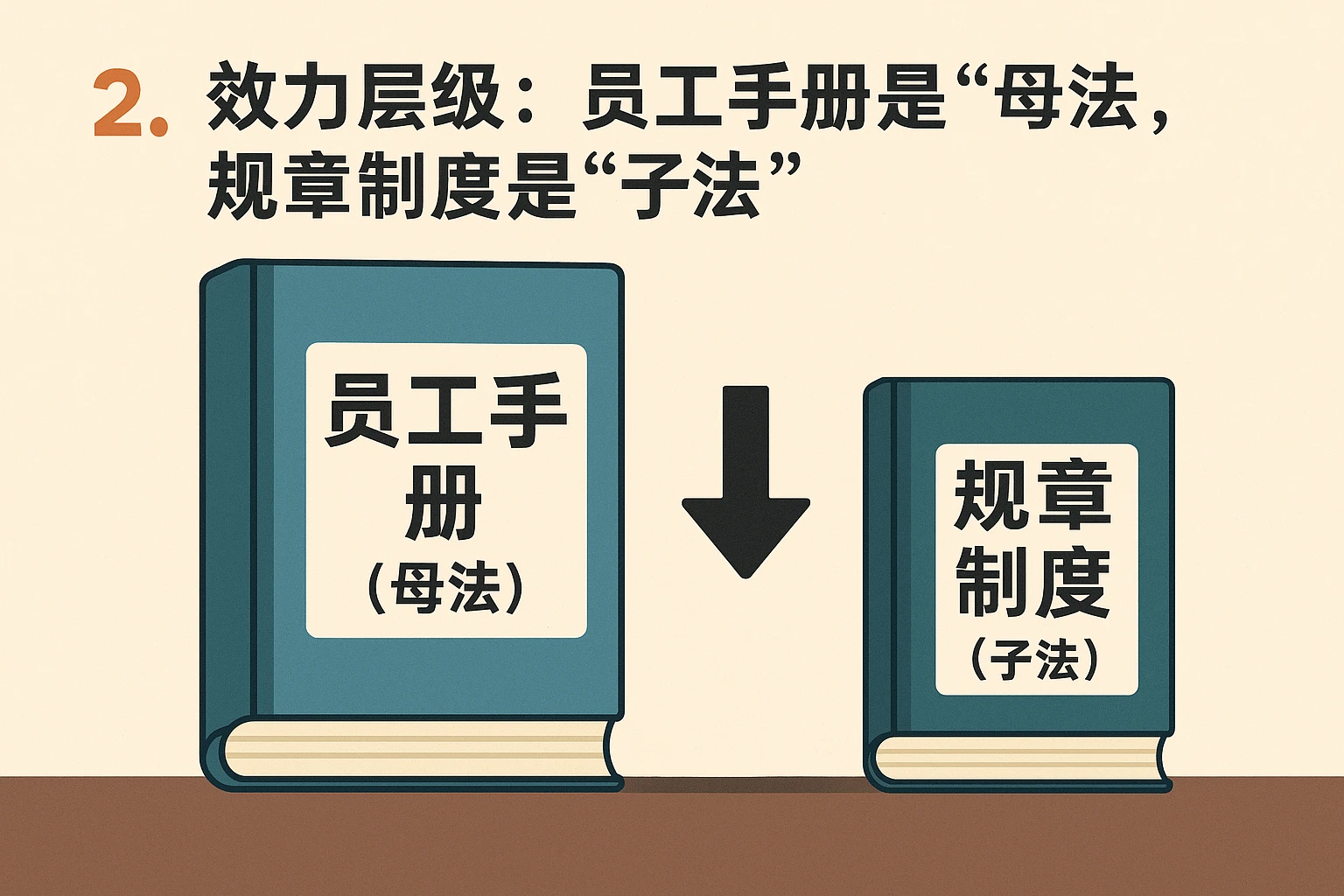 2. 效力层级：员工手册是“母法”，规章制度是“子法”