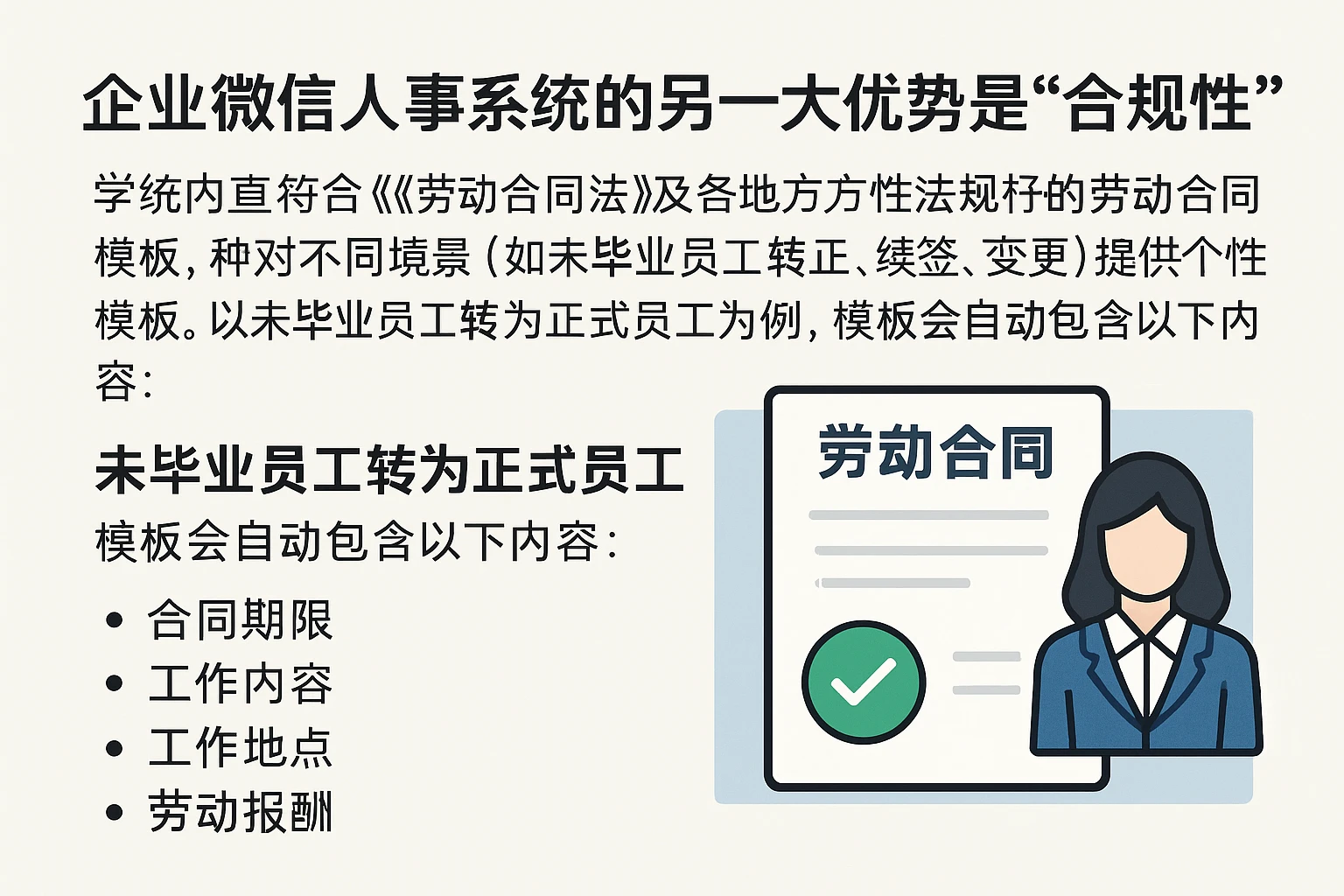 企业微信人事系统的另一大优势是“合规性”。系统内置了符合《劳动合同法》及各地地方性法规的劳动合同模板，针对不同场景（如未毕业员工转正、续签、变更）提供个性化模板。以未毕业员工转为正式员工为例，模板会自动包含以下内容：