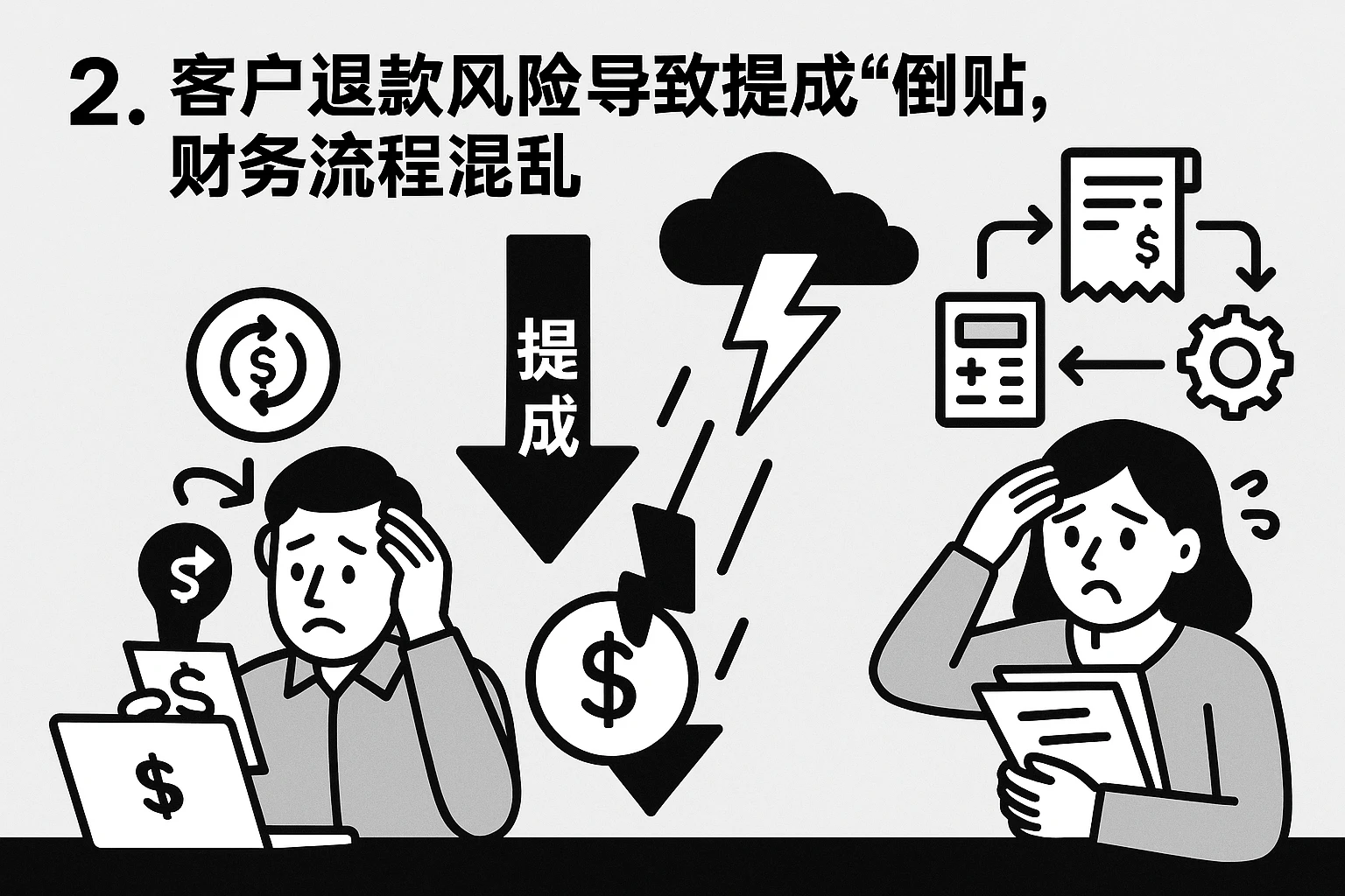 2. 客户退款风险导致提成“倒贴”，财务流程混乱