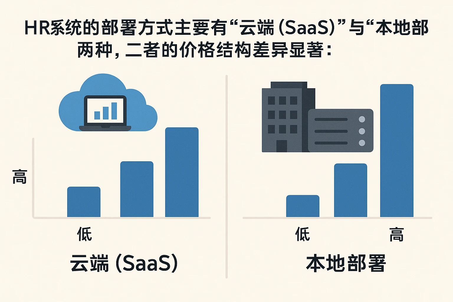 HR系统的部署方式主要有“云端（SaaS）”与“本地部署”两种，二者的价格结构差异显著：