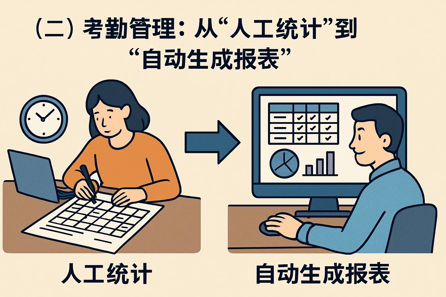 （二）考勤管理：从“人工统计”到“自动生成报表”