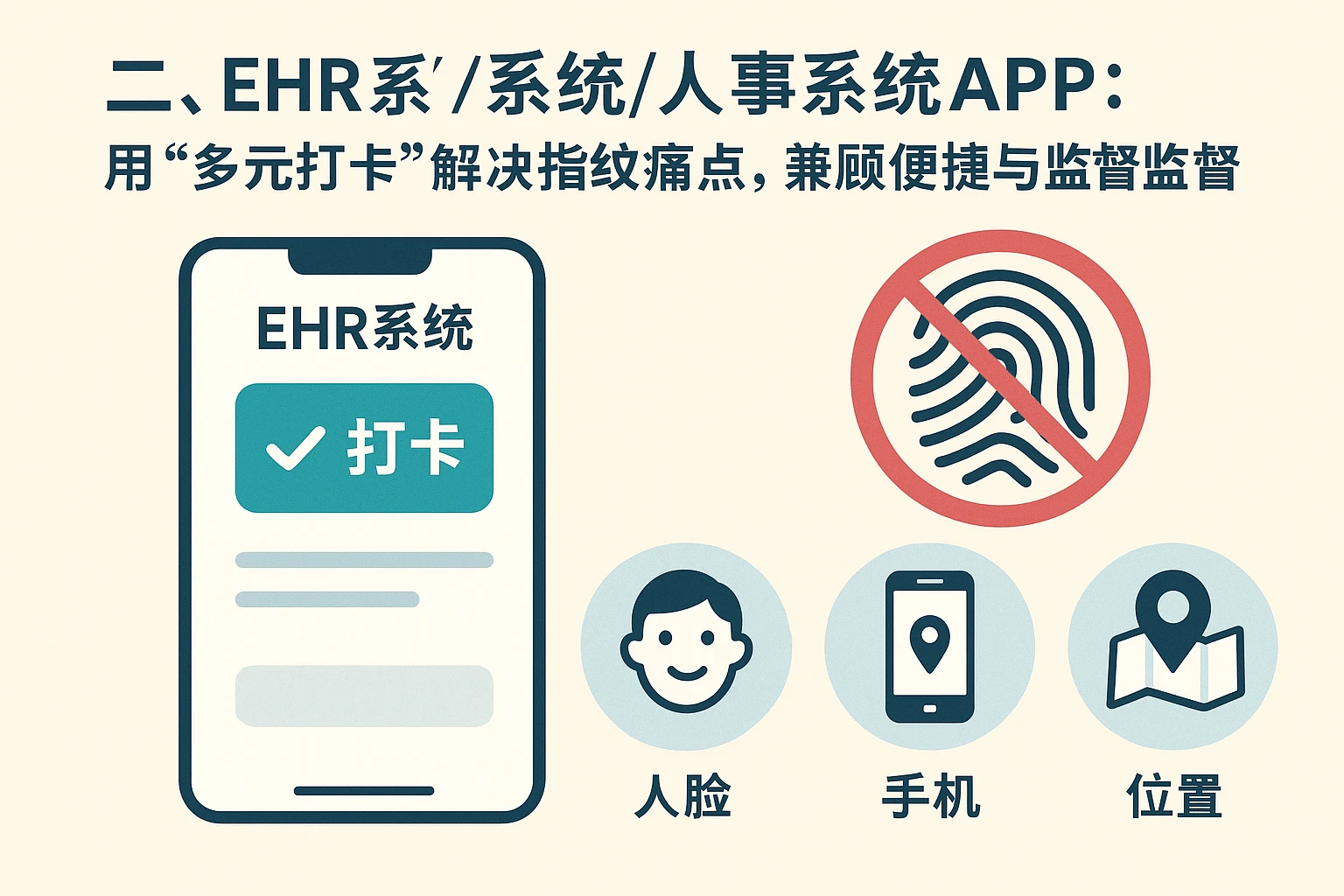 二、ehr系统/人事系统APP：用“多元打卡”解决指纹痛点，兼顾便捷与监督