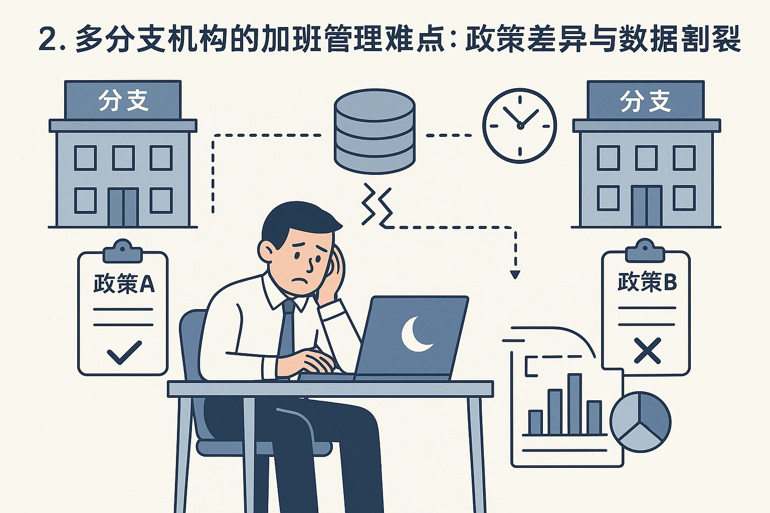 2. 多分支机构的加班管理难点：政策差异与数据割裂