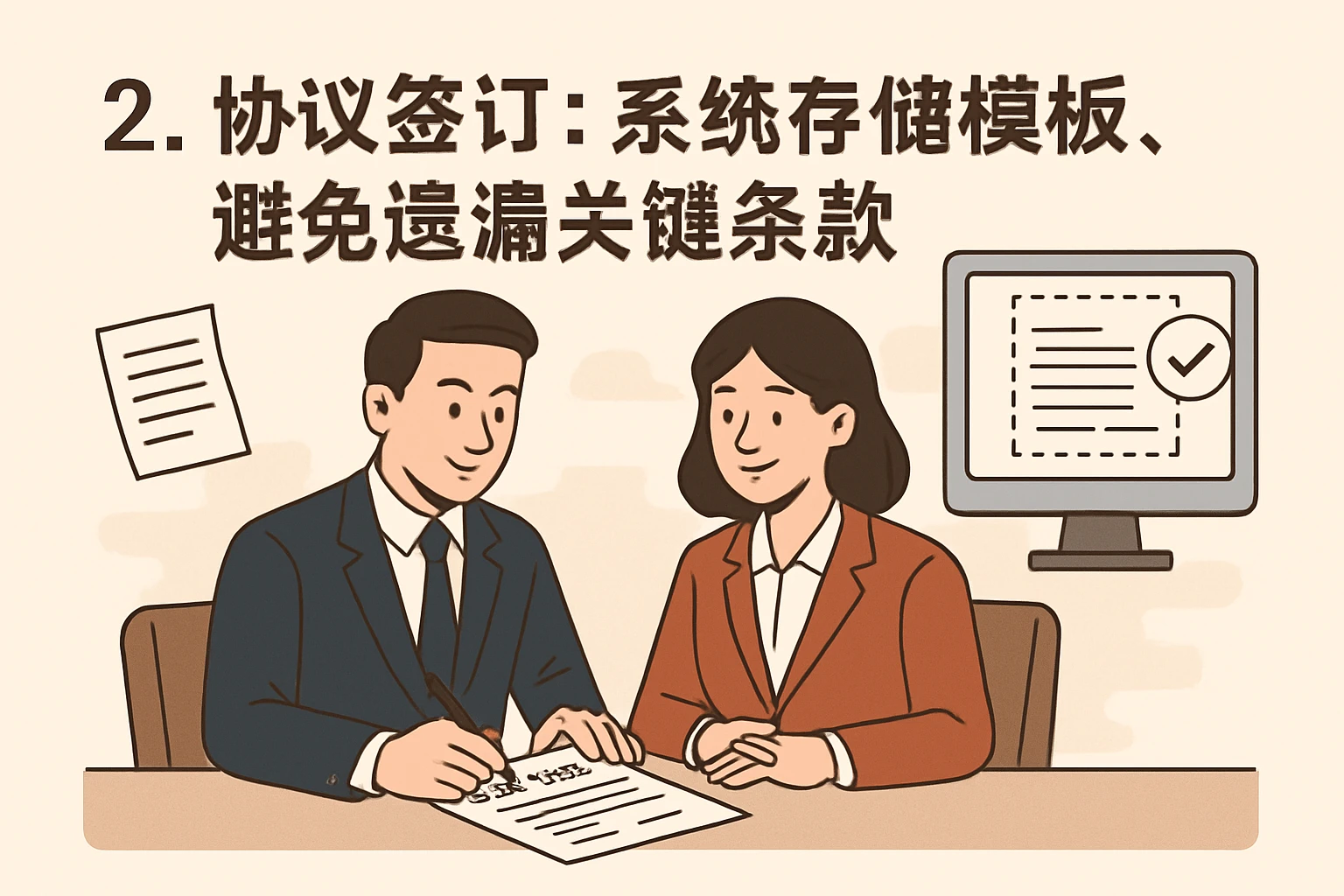 2. 协议签订：系统存储模板，避免遗漏关键条款