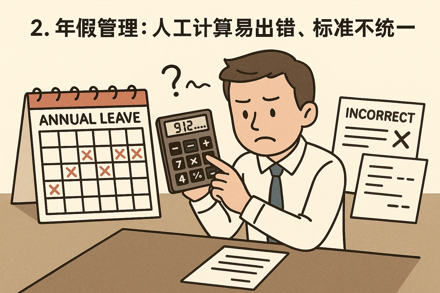 2. 年假管理：人工计算易出错，标准不统一