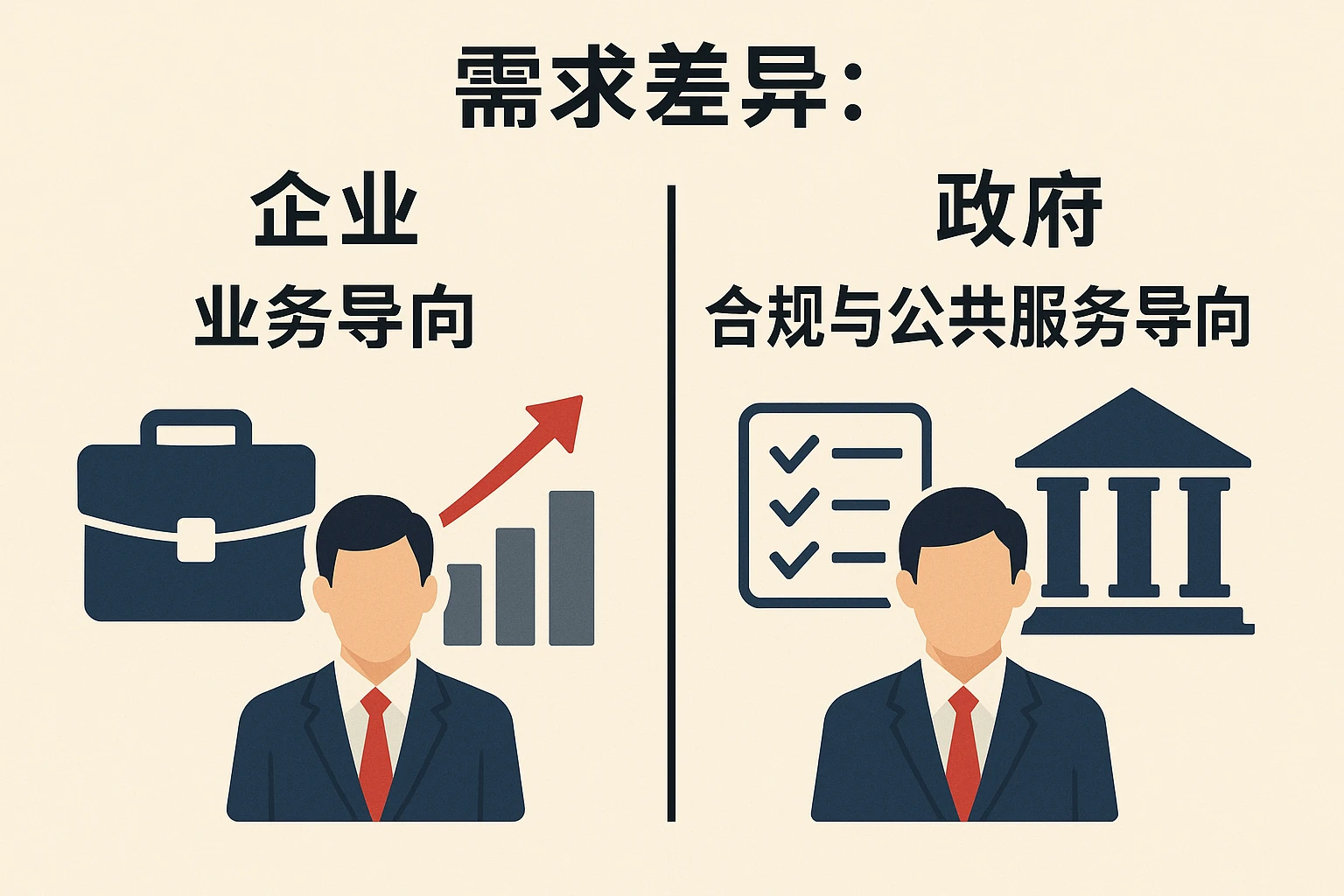 2. 需求差异：企业“业务导向” vs 政府“合规与公共服务导向”