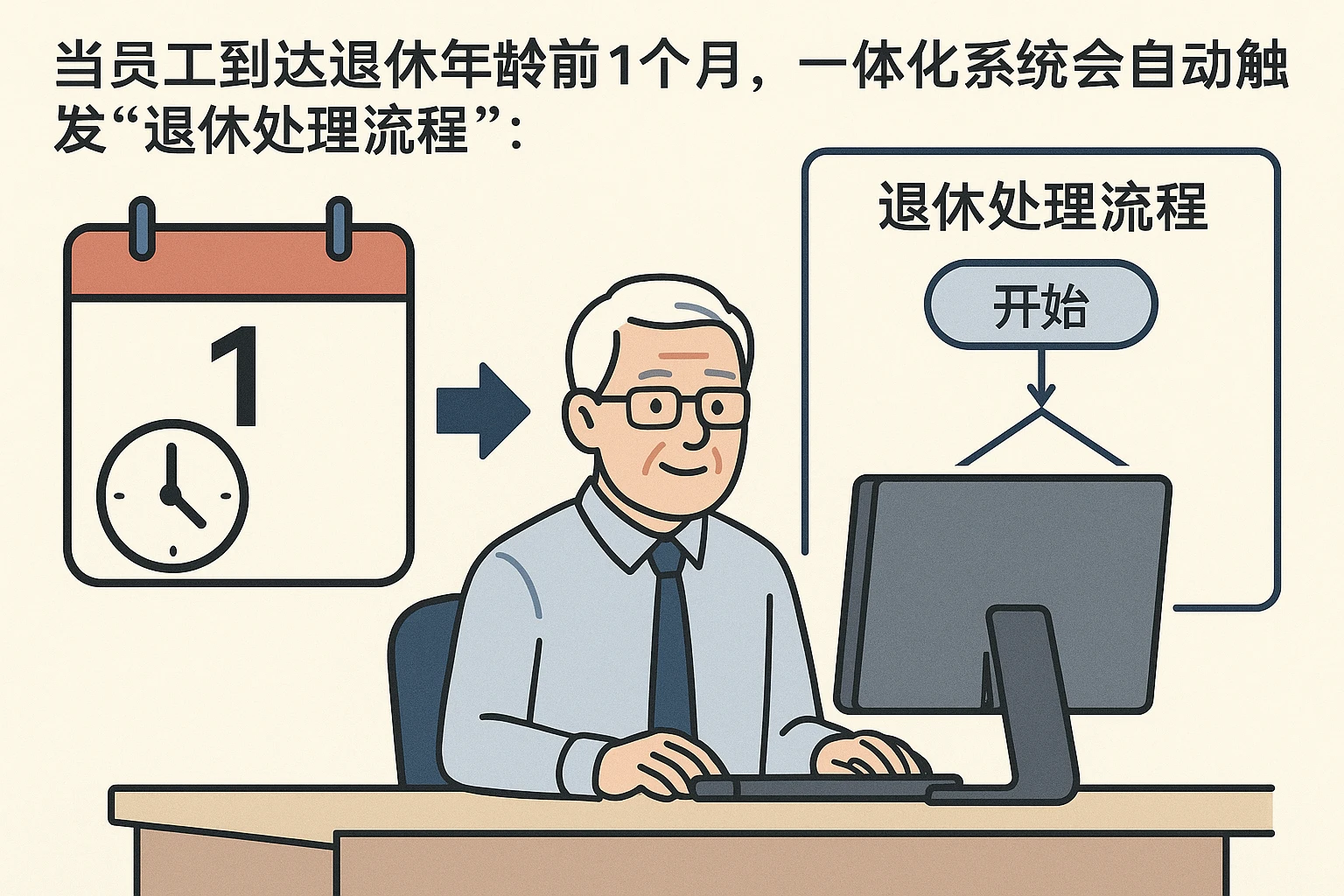 当员工到达退休年龄前1个月，一体化系统会自动触发“退休处理流程”：