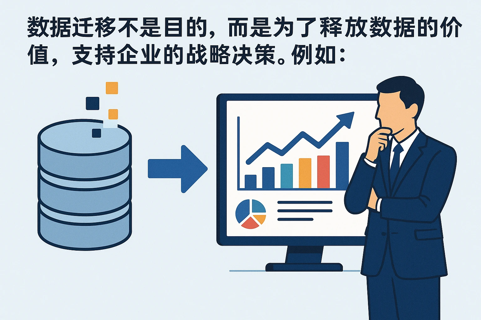 数据迁移不是目的，而是为了释放数据的价值，支持企业的战略决策。例如：