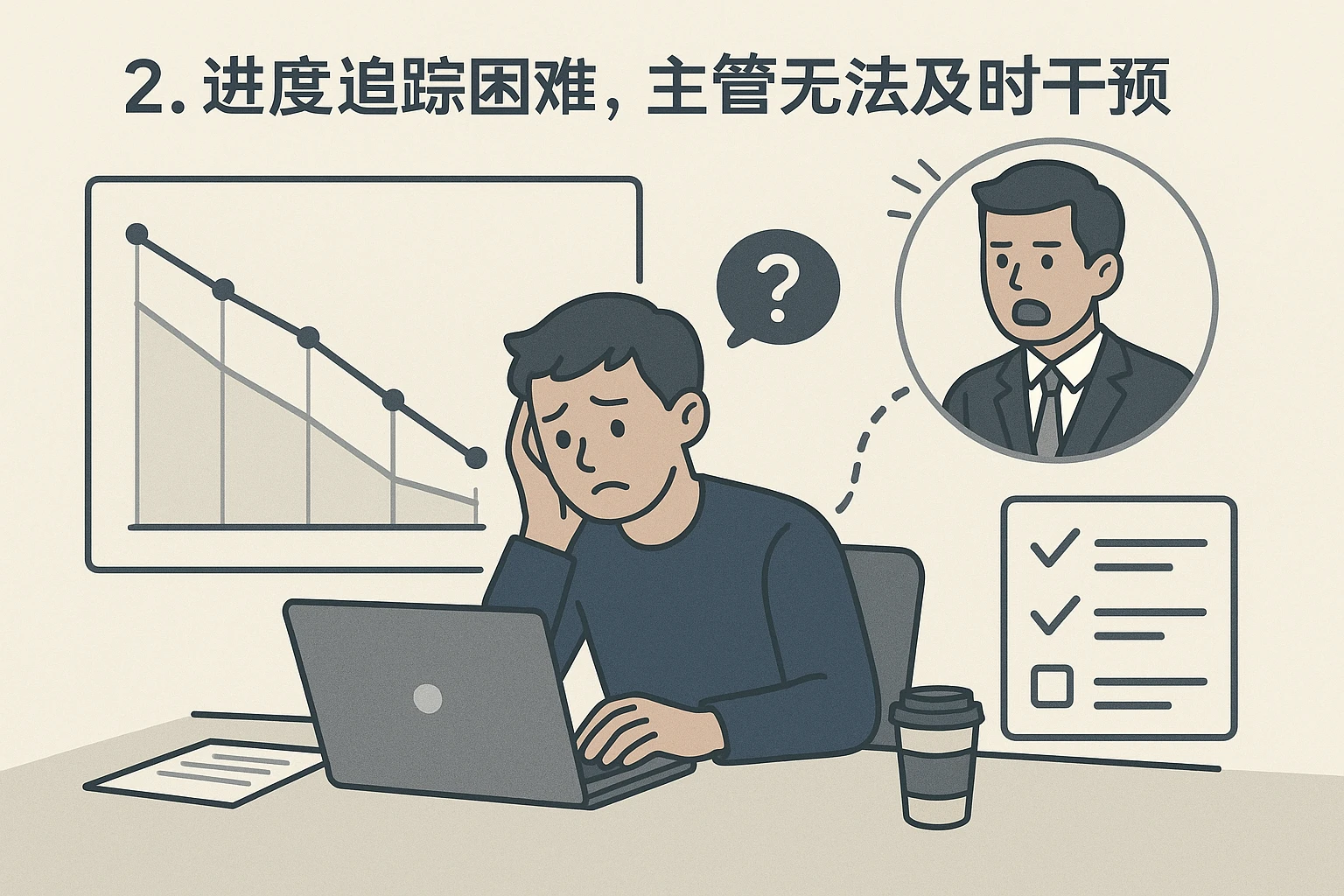 2. 进度追踪困难，主管无法及时干预