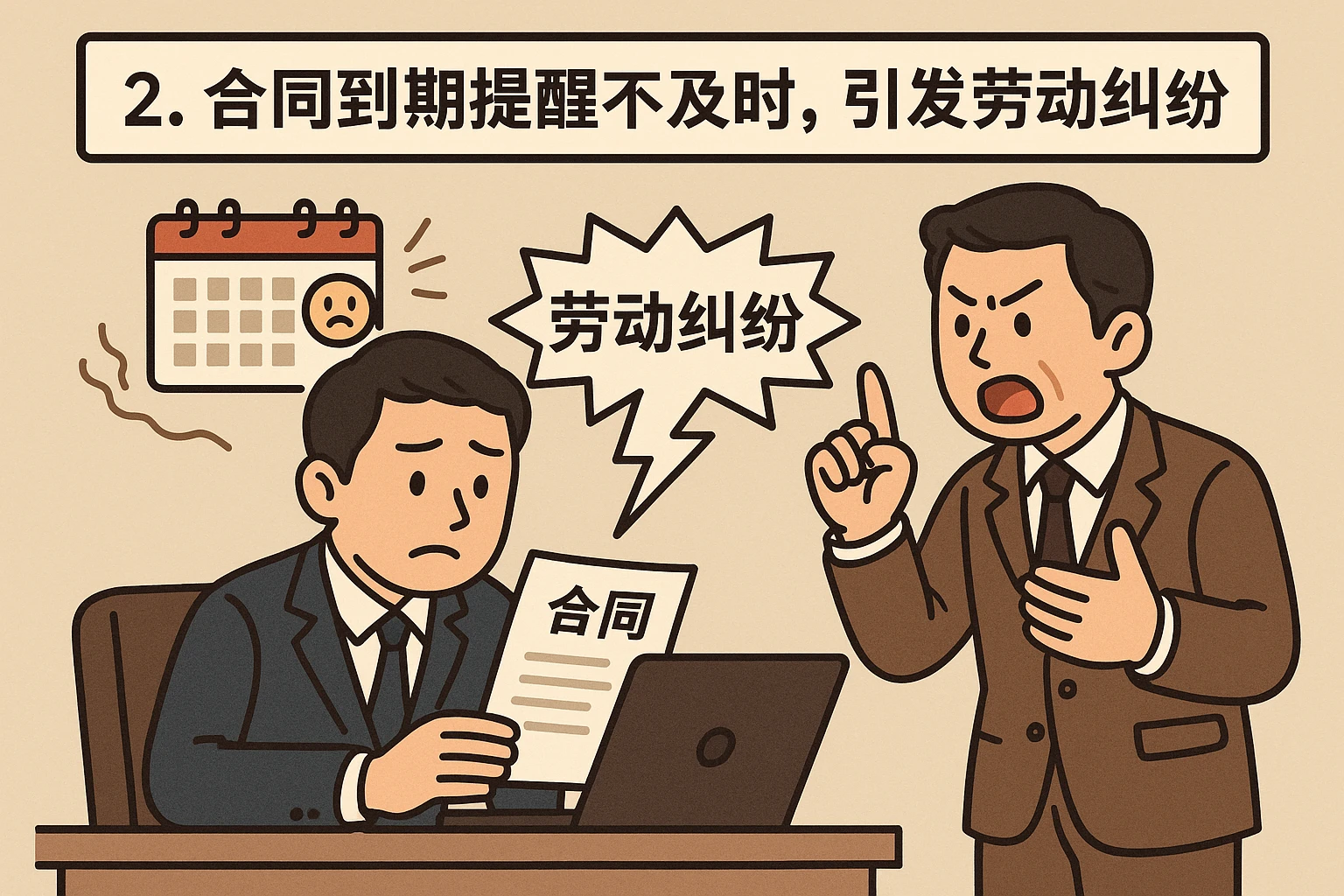 2. 合同到期提醒不及时，引发劳动纠纷