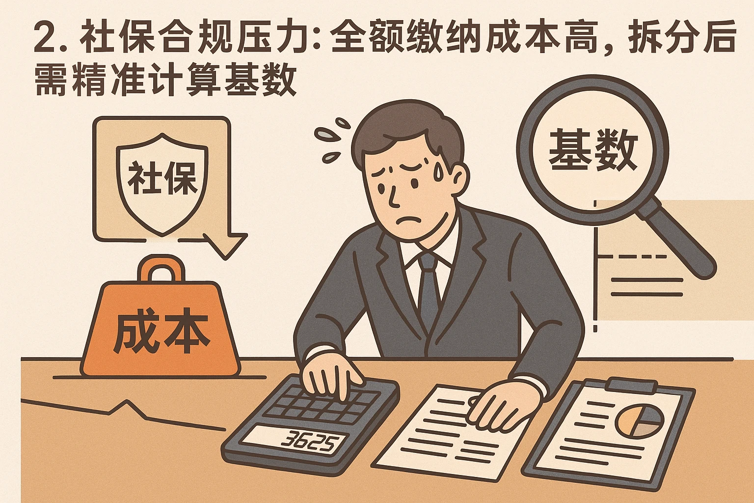 2. 社保合规压力：全额缴纳成本高，拆分后需精准计算基数