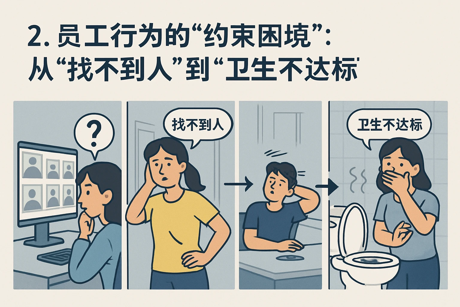 2. 员工行为的“约束困境”：从“找不到人”到“卫生不达标”