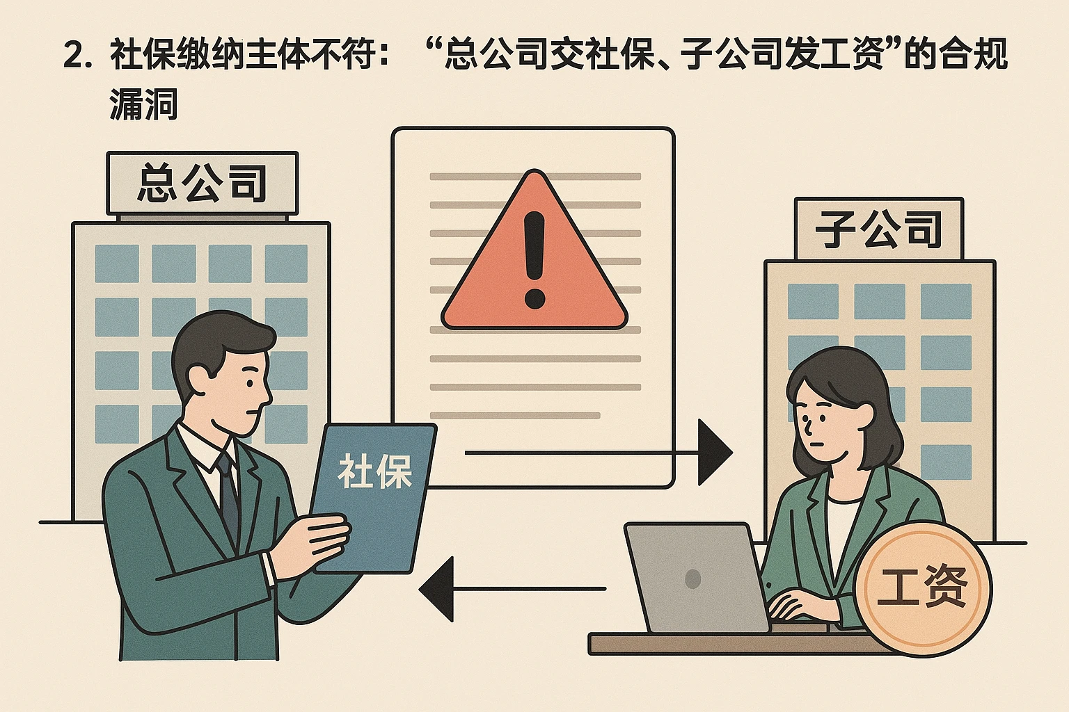 2. 社保缴纳主体不符：“总公司交社保、子公司发工资”的合规漏洞