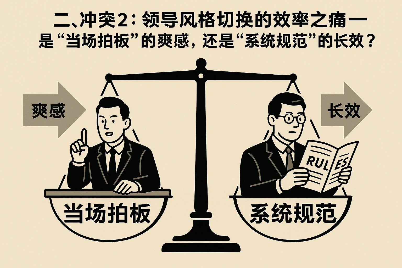 二、冲突2：领导风格切换的效率之痛——是“当场拍板”的爽感，还是“系统规范”的长效？