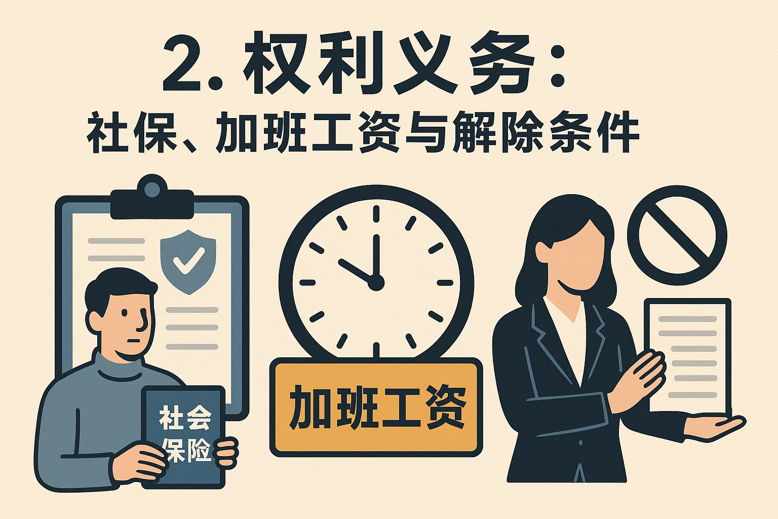2. 权利义务：社保、加班工资与解除条件
