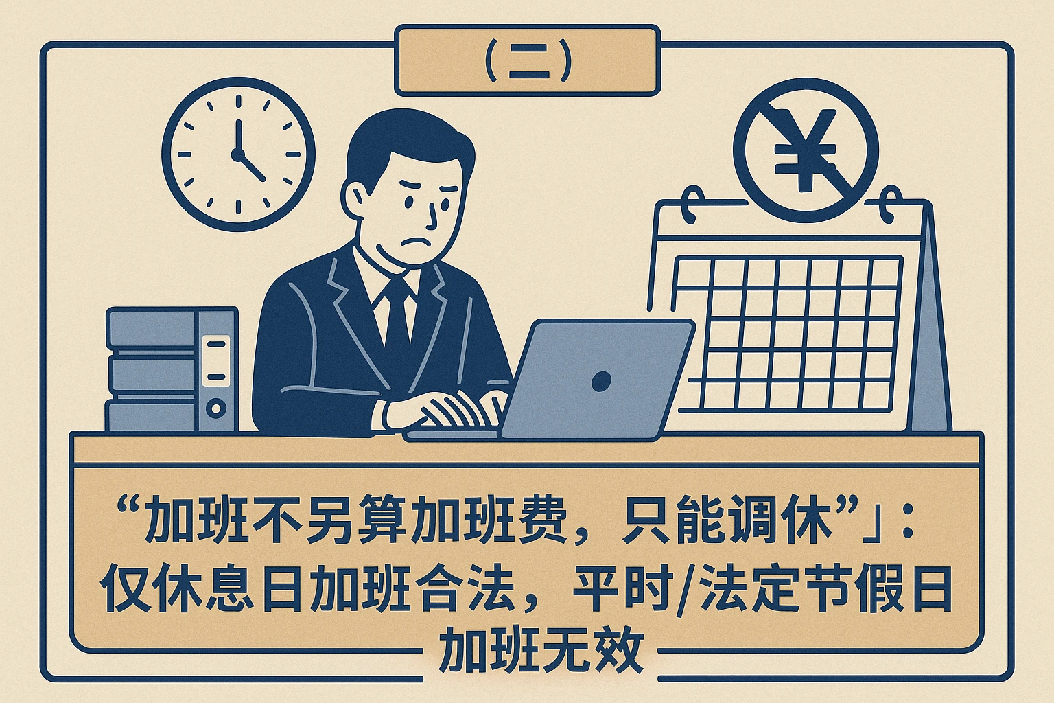 （二）“加班不另算加班费，只能调休”：仅休息日加班合法，平时/法定节假日加班无效