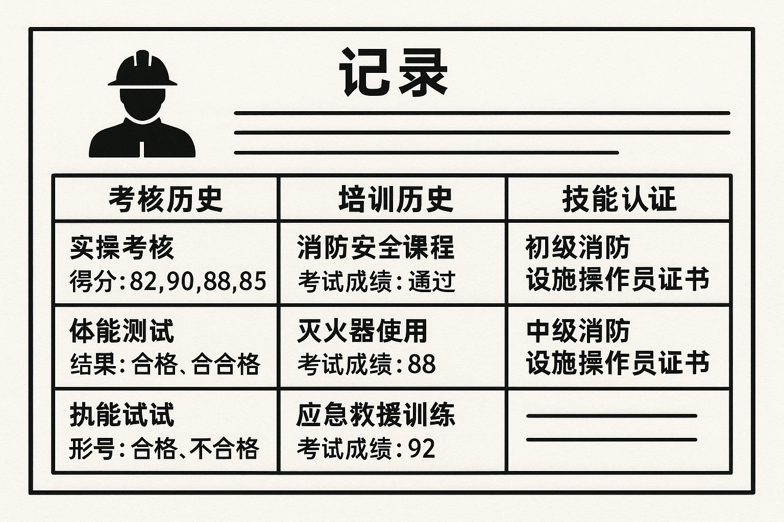 记录：系统记录每个消防员的考核历史（如每次实操考核的得分、体能测试的结果）、培训历史（如参加的课程、考试成绩）、技能认证（如初级/中级消防设施操作员证书），形成个人成长档案。