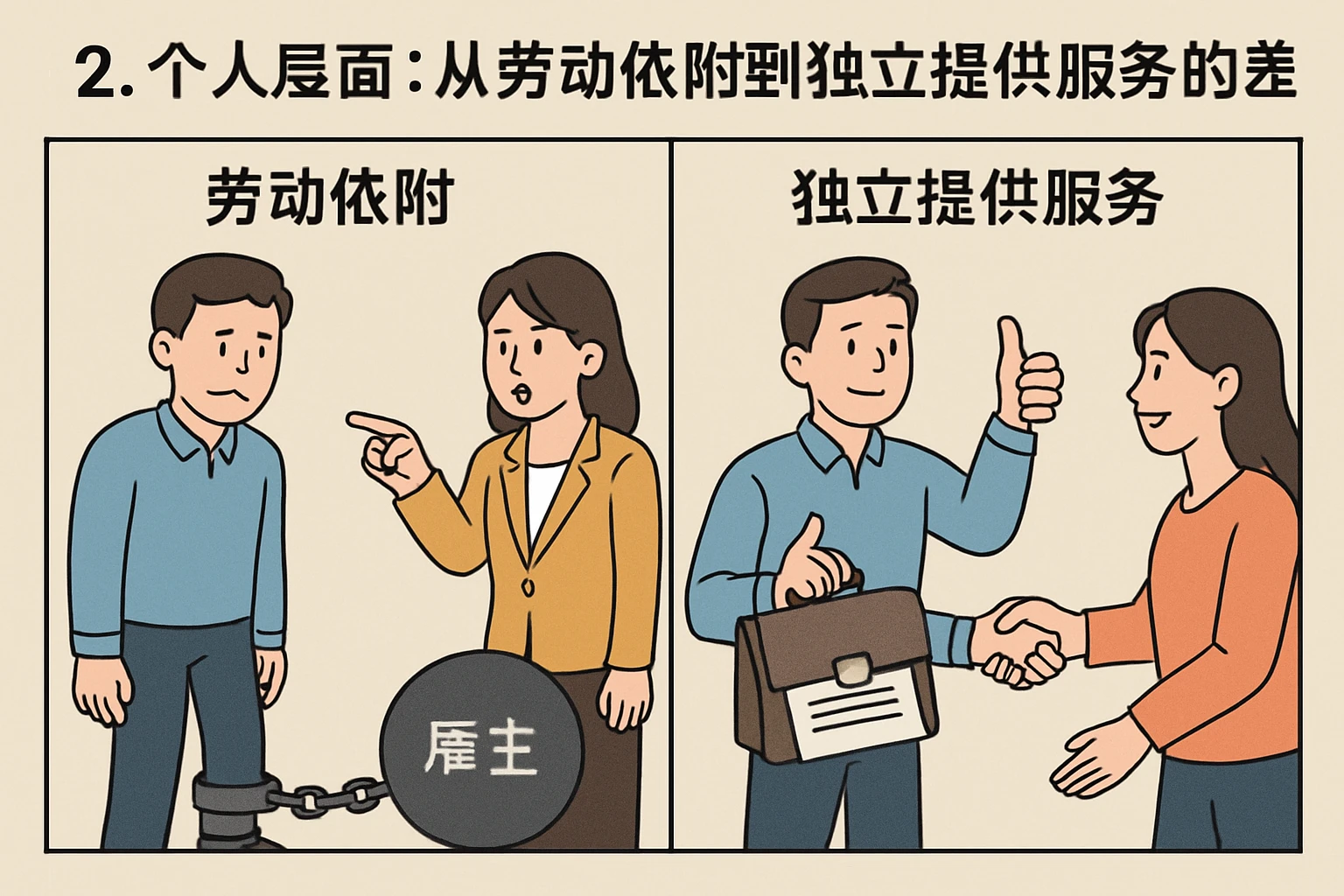 2. 个人层面：从劳动依附到独立提供服务的差异