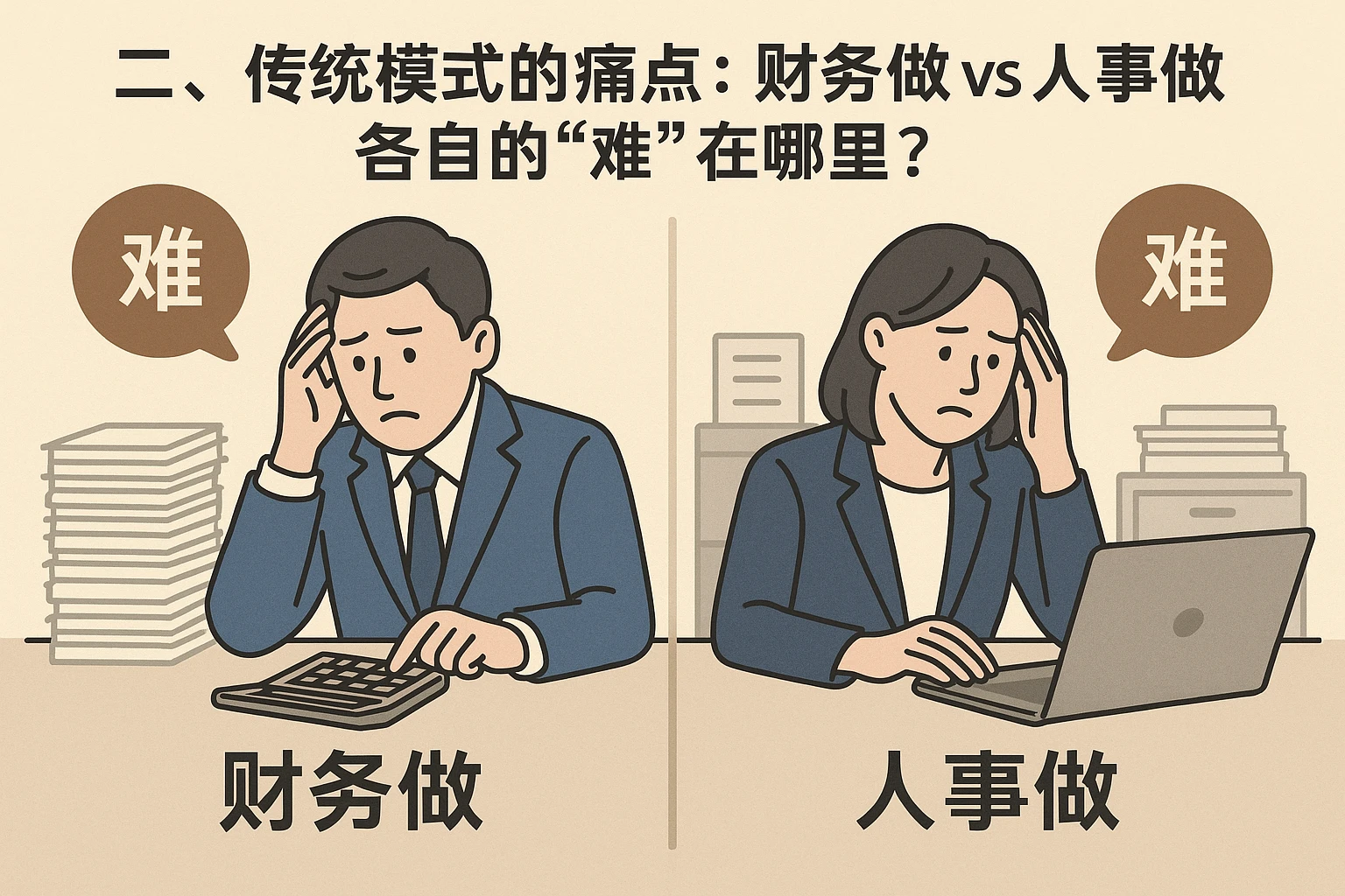 二、传统模式的痛点：财务做vs人事做，各自的“难”在哪里？