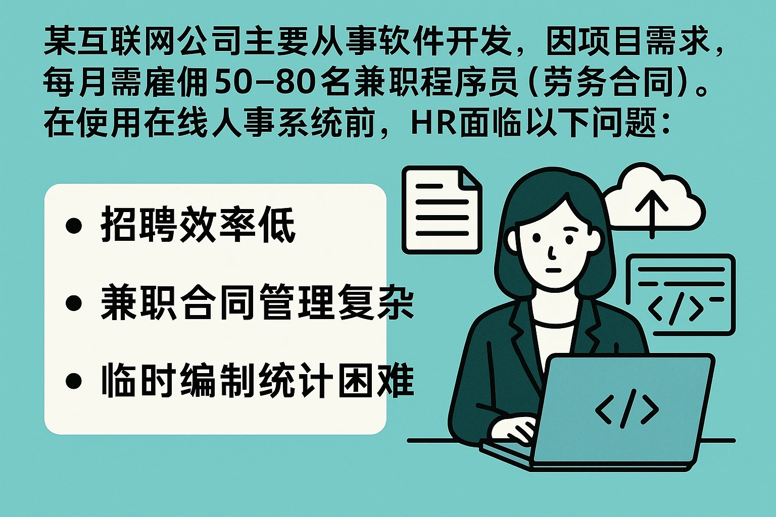 某互联网公司主要从事软件开发，因项目需求，每月需雇佣50-80名兼职程序员（劳务合同）。在使用在线人事系统前，HR面临以下问题：