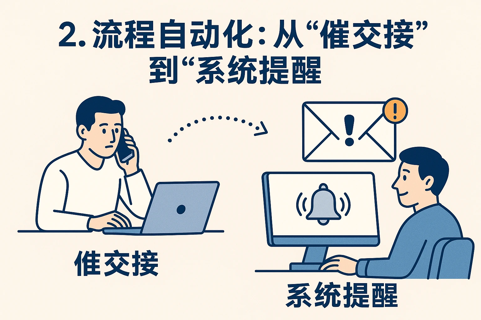 2. 流程自动化：从“催交接”到“系统提醒”
