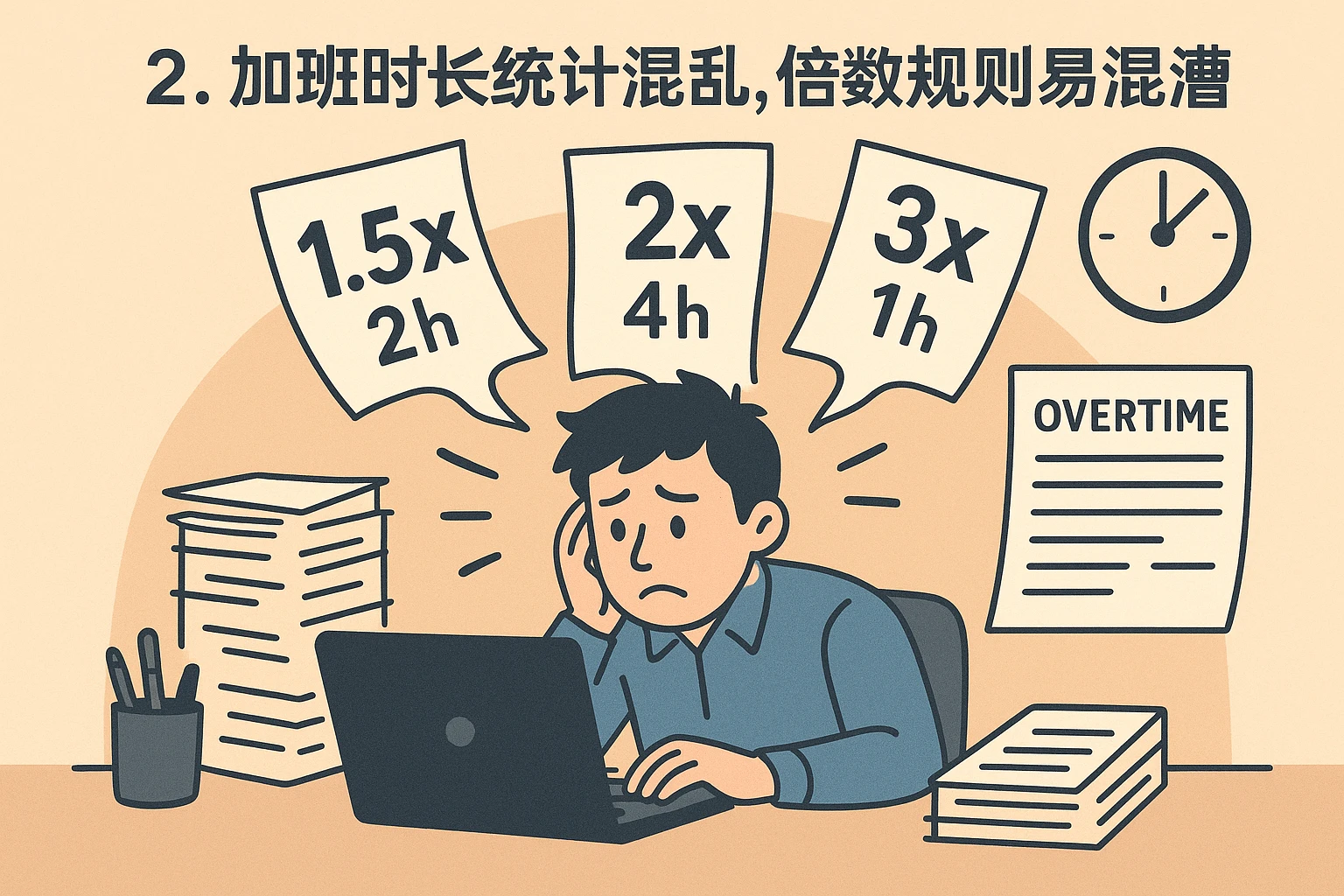 2. 加班时长统计混乱，倍数规则易混淆