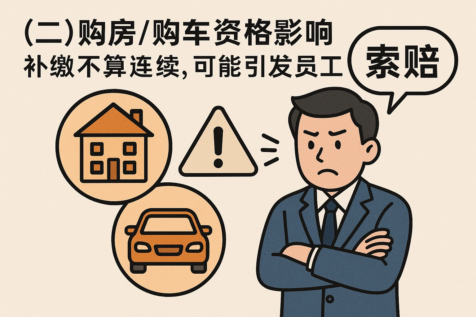 （二）购房/购车资格影响：补缴不算连续，可能引发员工索赔