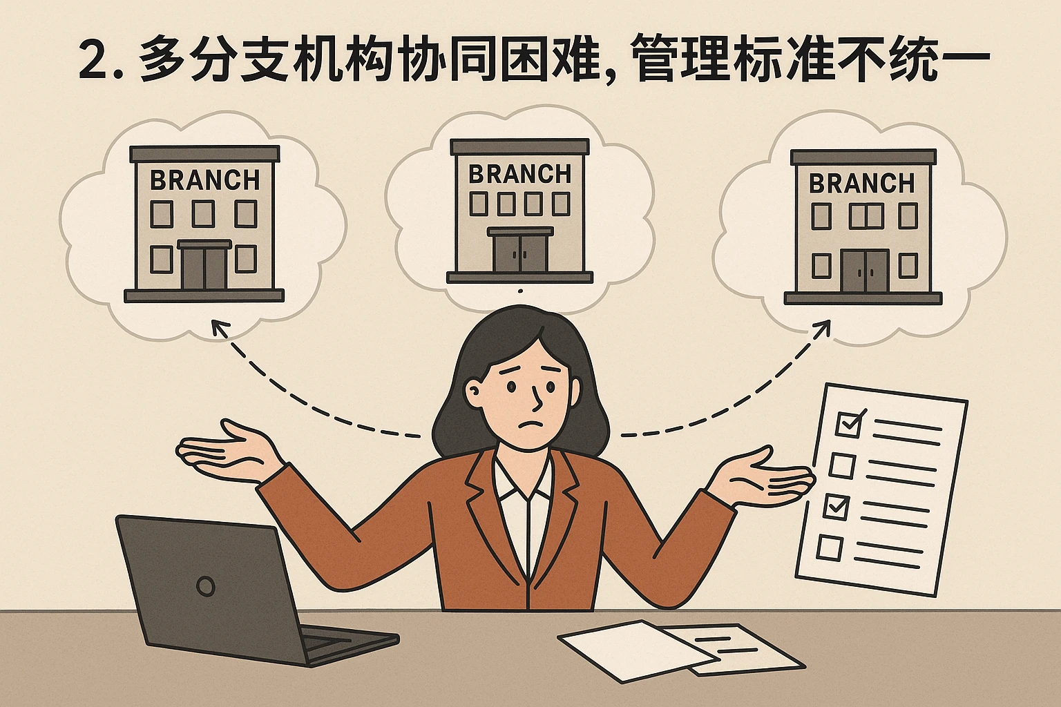 2. 多分支机构协同困难，管理标准不统一