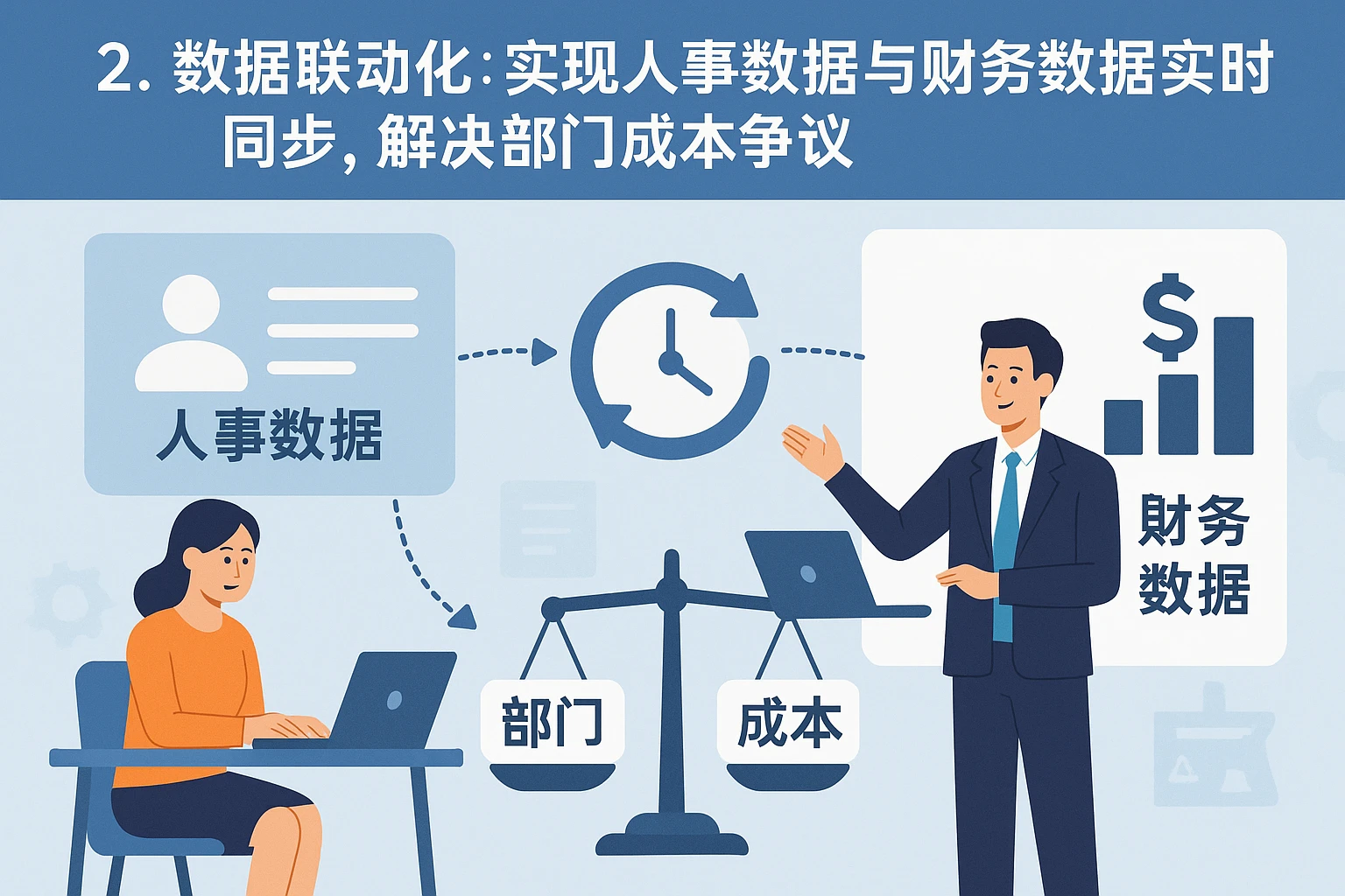 2. 数据联动化：实现人事数据与财务数据实时同步，解决部门成本争议