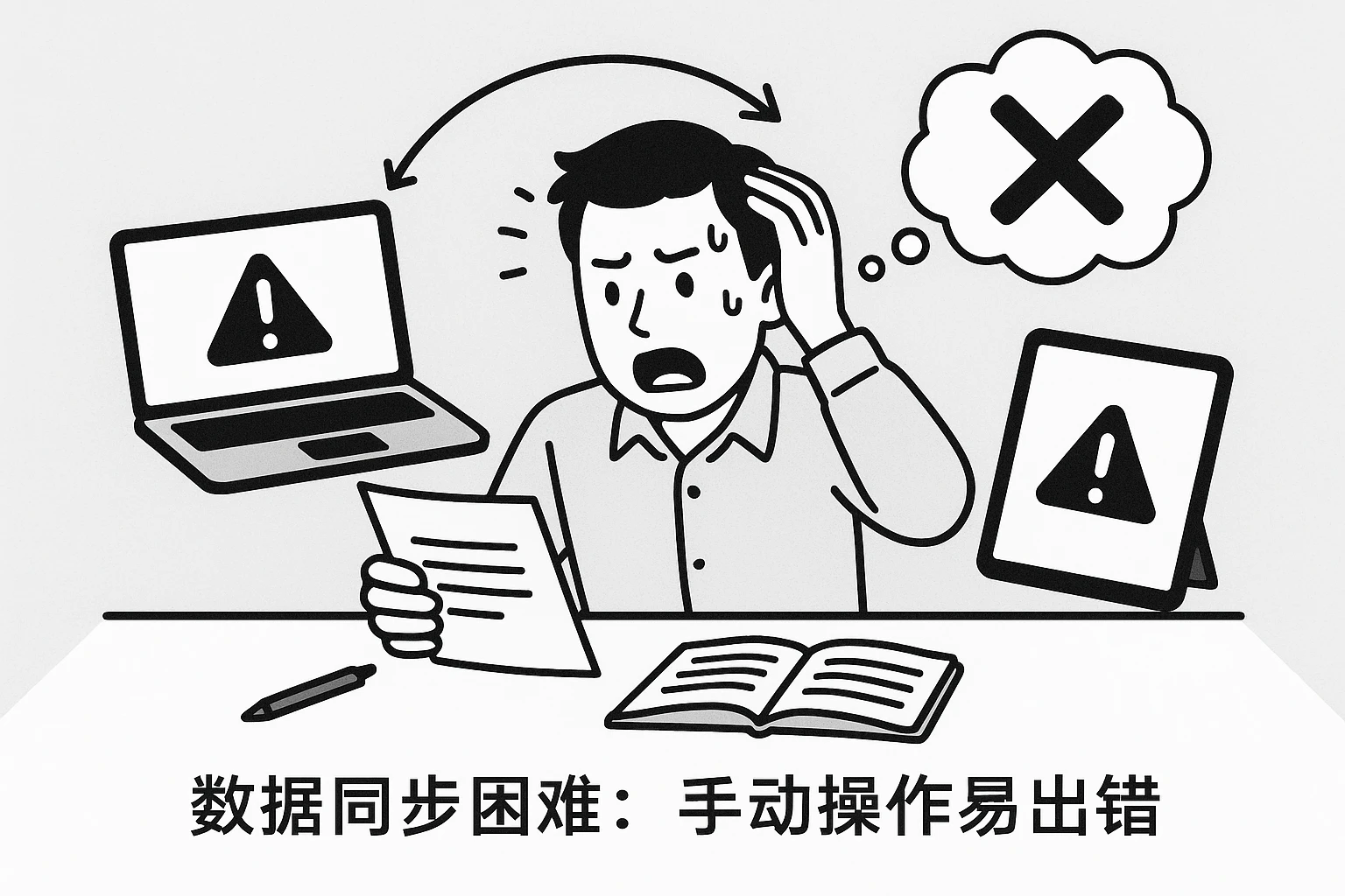 2. 数据同步困难：手动操作易出错