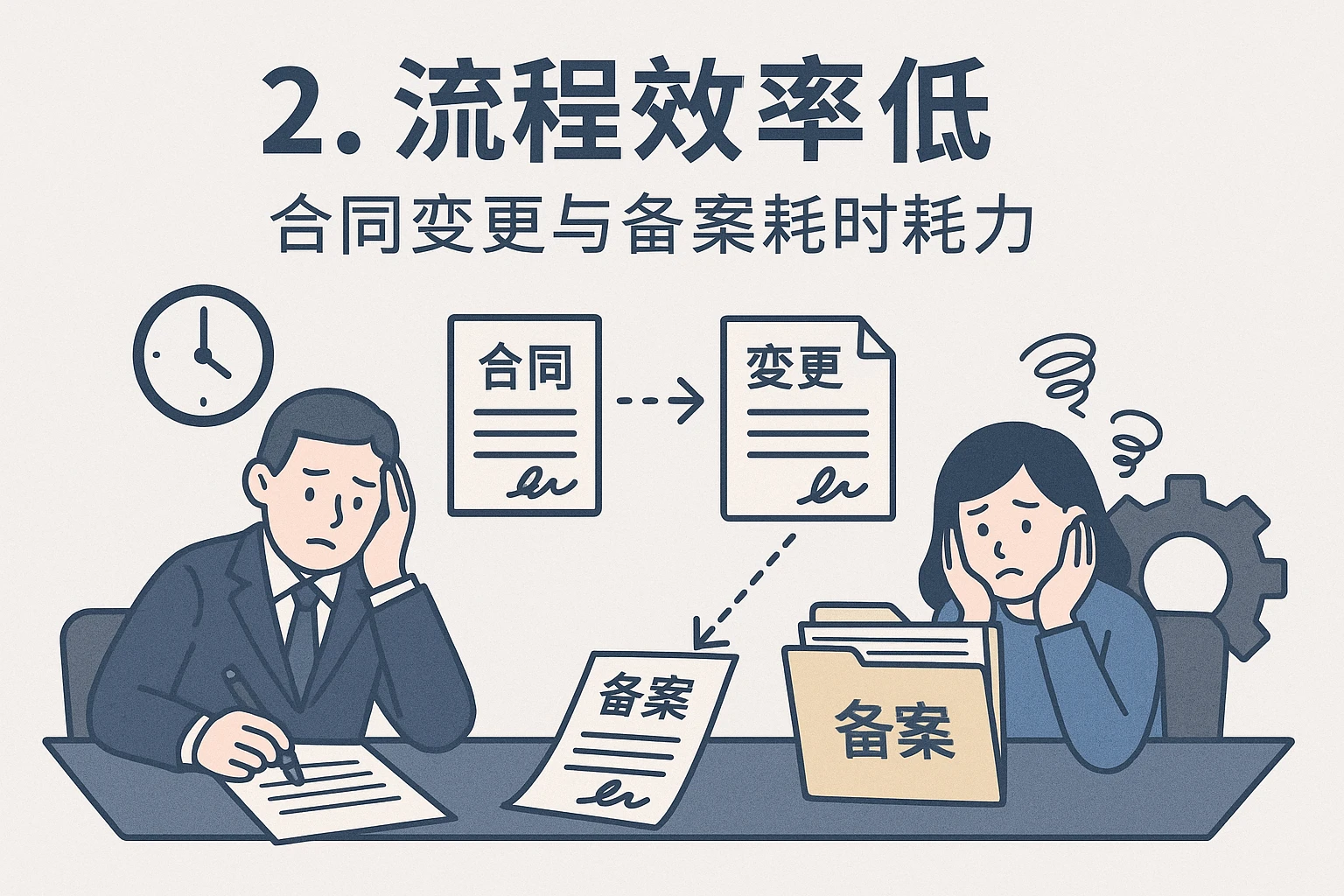2. 流程效率低：合同变更与备案耗时耗力