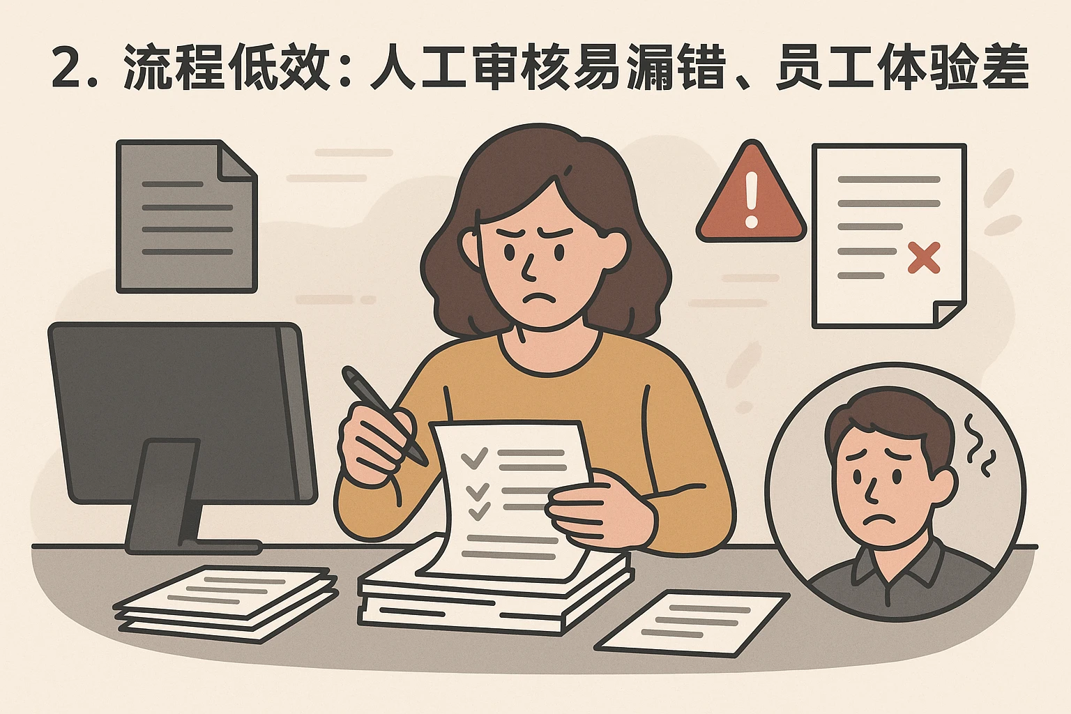 2. 流程低效：人工审核易漏错，员工体验差