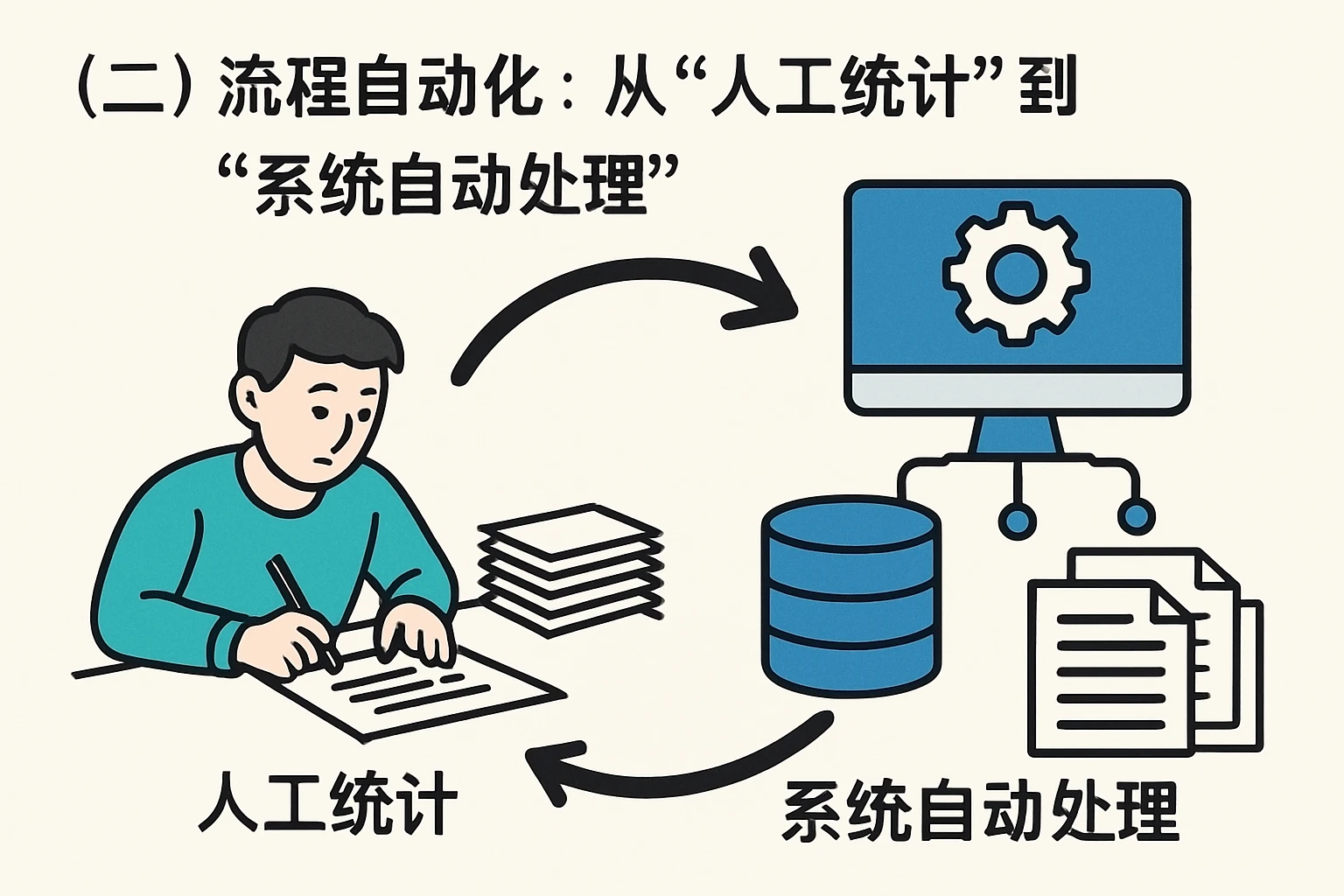 (二)流程自动化:从“人工统计”到“系统自动处理”