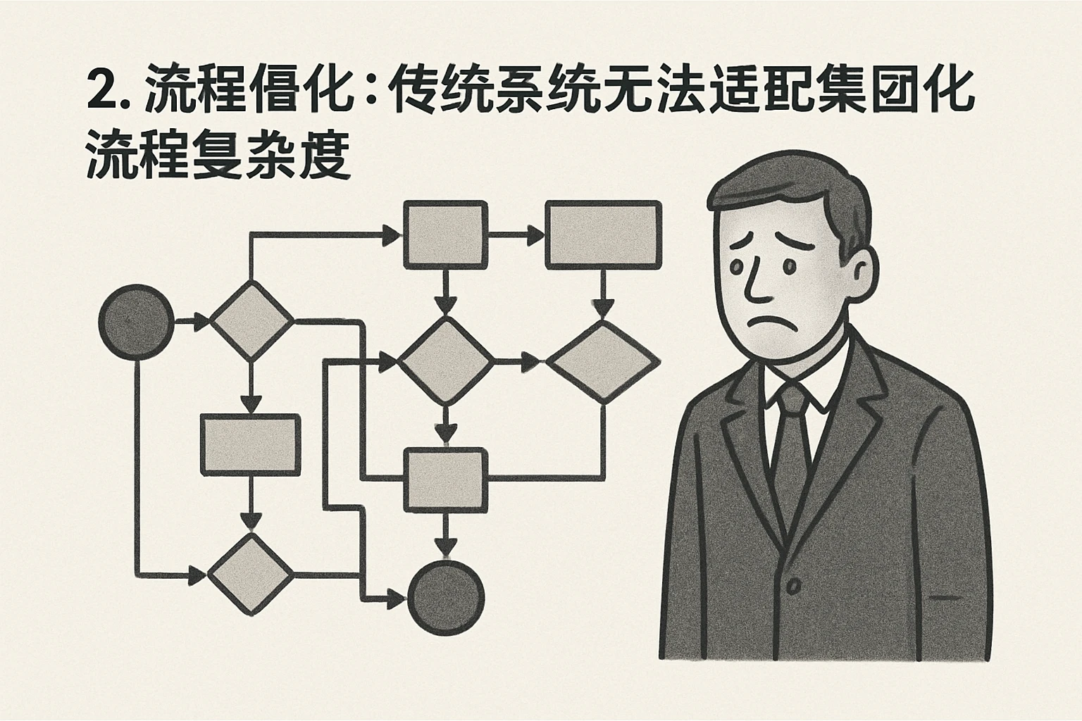 2. 流程僵化：传统系统无法适配集团化流程复杂度