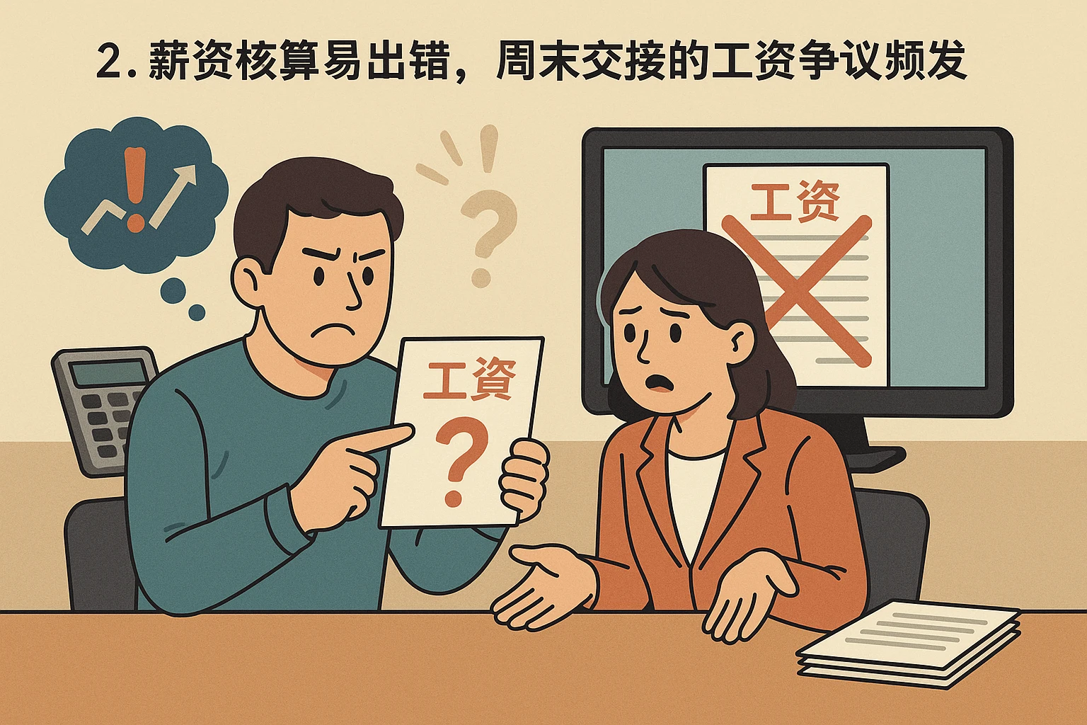 2. 薪资核算易出错，周末交接的工资争议频发