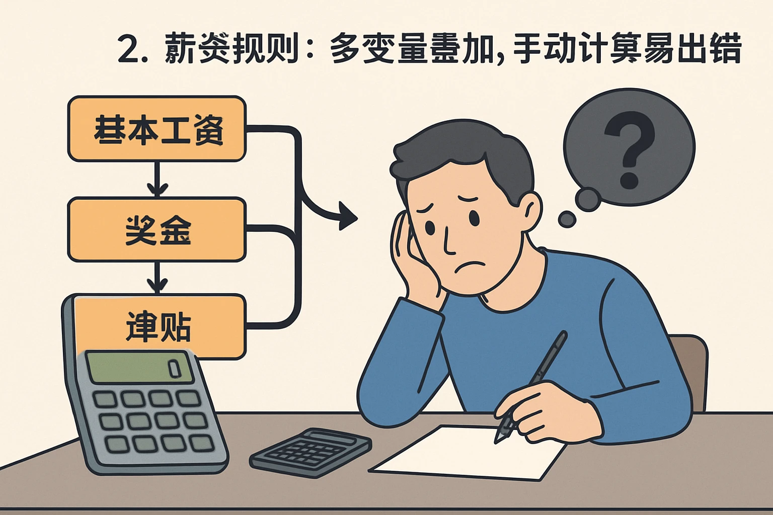 2. 薪资规则：多变量叠加，手动计算易出错