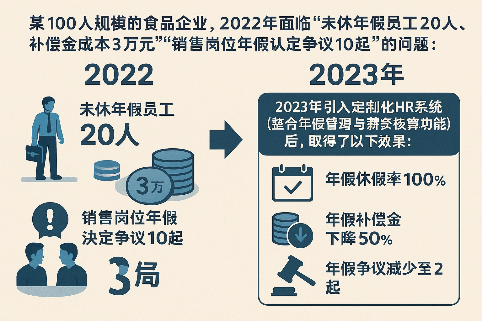 某100人规模的食品企业，2022年面临“未休年假员工20人，补偿金成本3万元”“销售岗位年假认定争议10起”的问题，2023年引入定制化HR系统（整合年假管理与薪资核算功能）后，取得了以下效果：