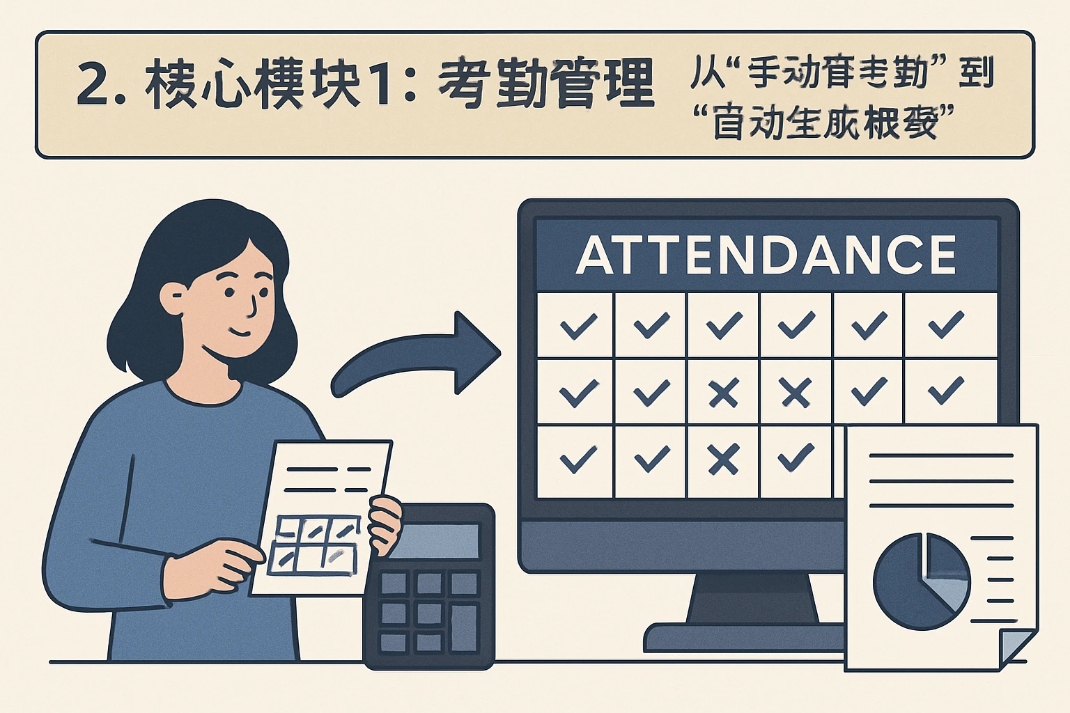 2. 核心模块1：考勤管理——从“手动算考勤”到“自动生成报表”
