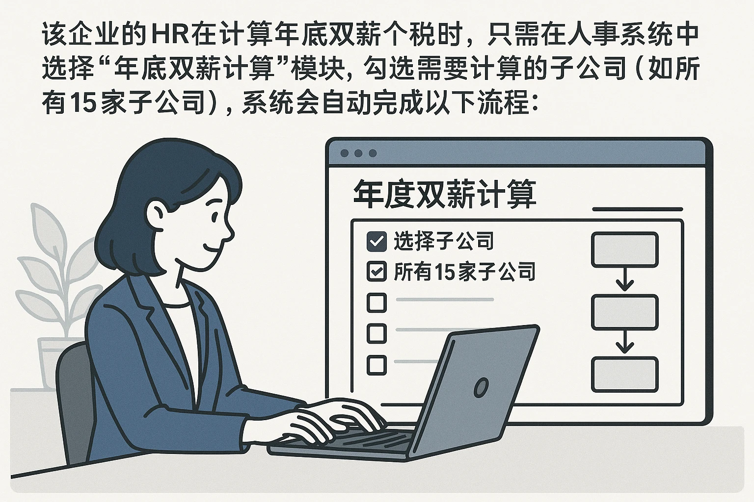 该企业的HR在计算年底双薪个税时，只需在人事系统中选择“年底双薪计算”模块，勾选需要计算的子公司（如所有15家子公司），系统会自动完成以下流程：