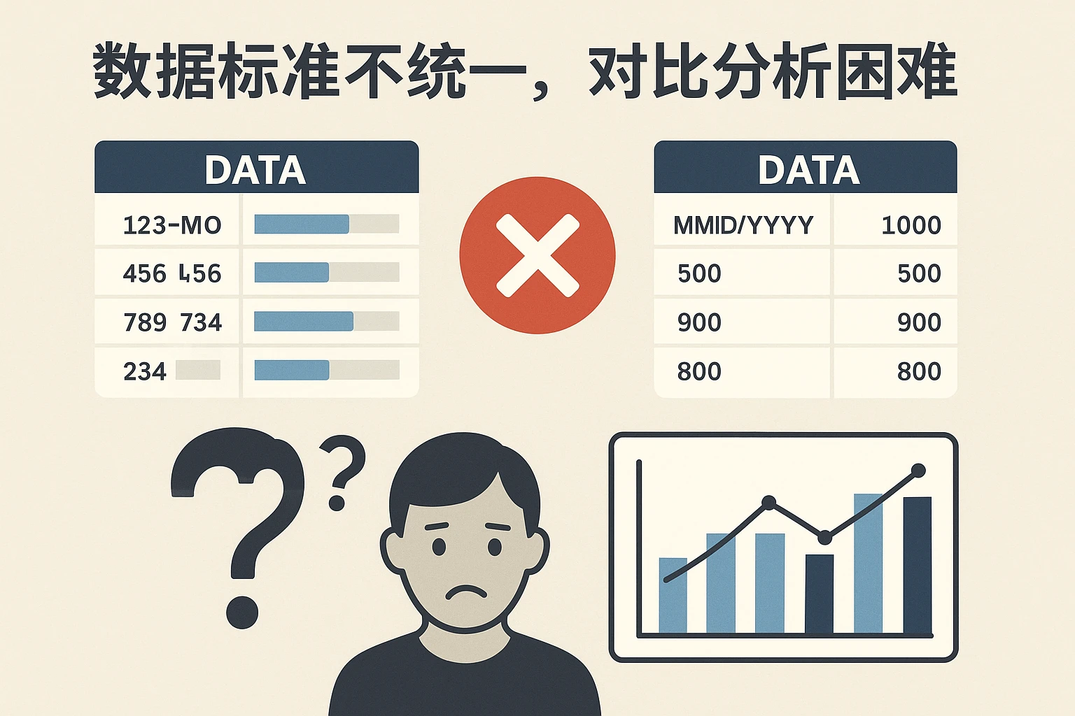 2. 数据标准不统一，对比分析困难